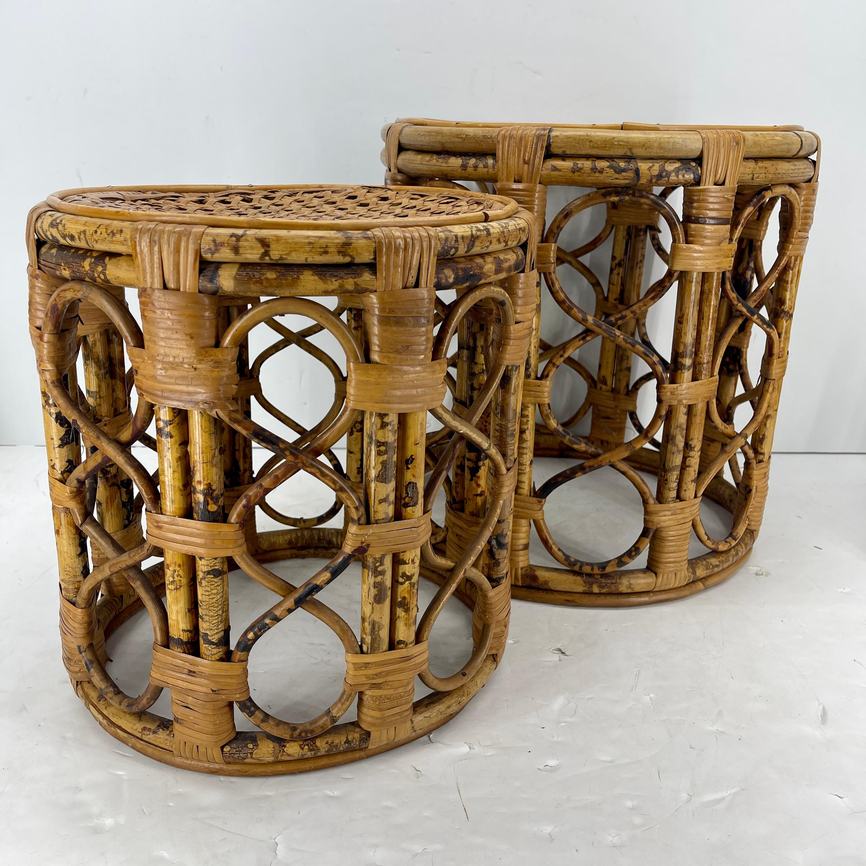 20th Century Set of 2 Mid-Century Tortoise Bamboo Rattan Nesting Tables