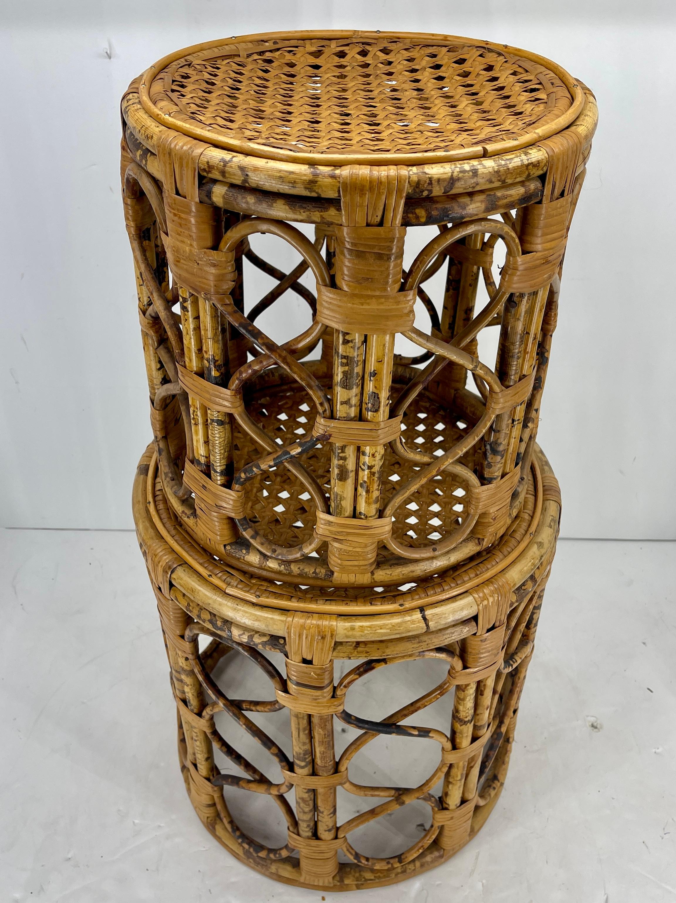 Set of 2 Mid-Century Tortoise Bamboo Rattan Nesting Tables 2