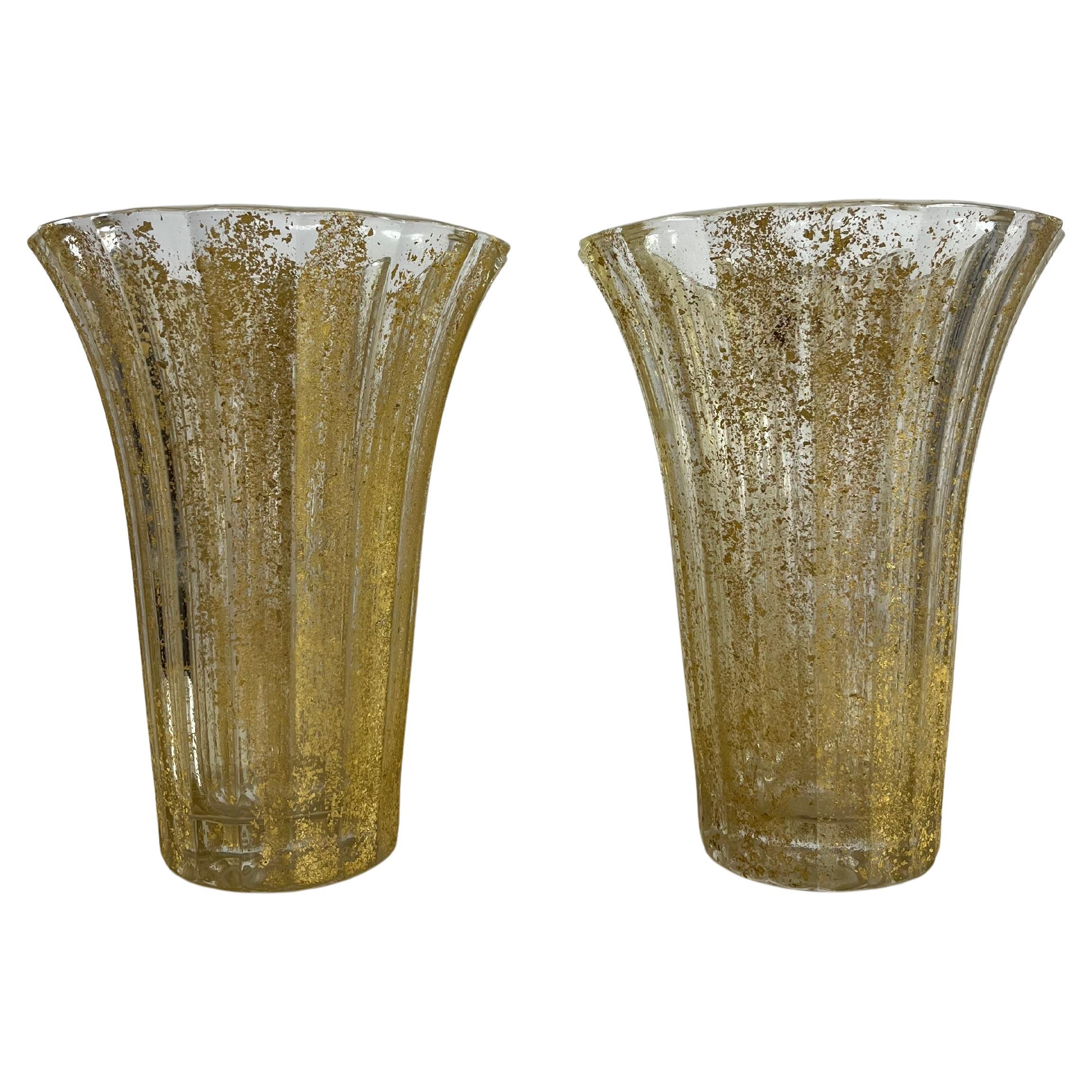 Set di 2 vasi di metà secolo in vetro di Murano a foglia d'oro 1960s