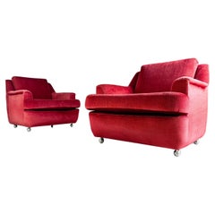 Set of 2 mid-century vintage armchairs red velvet retro