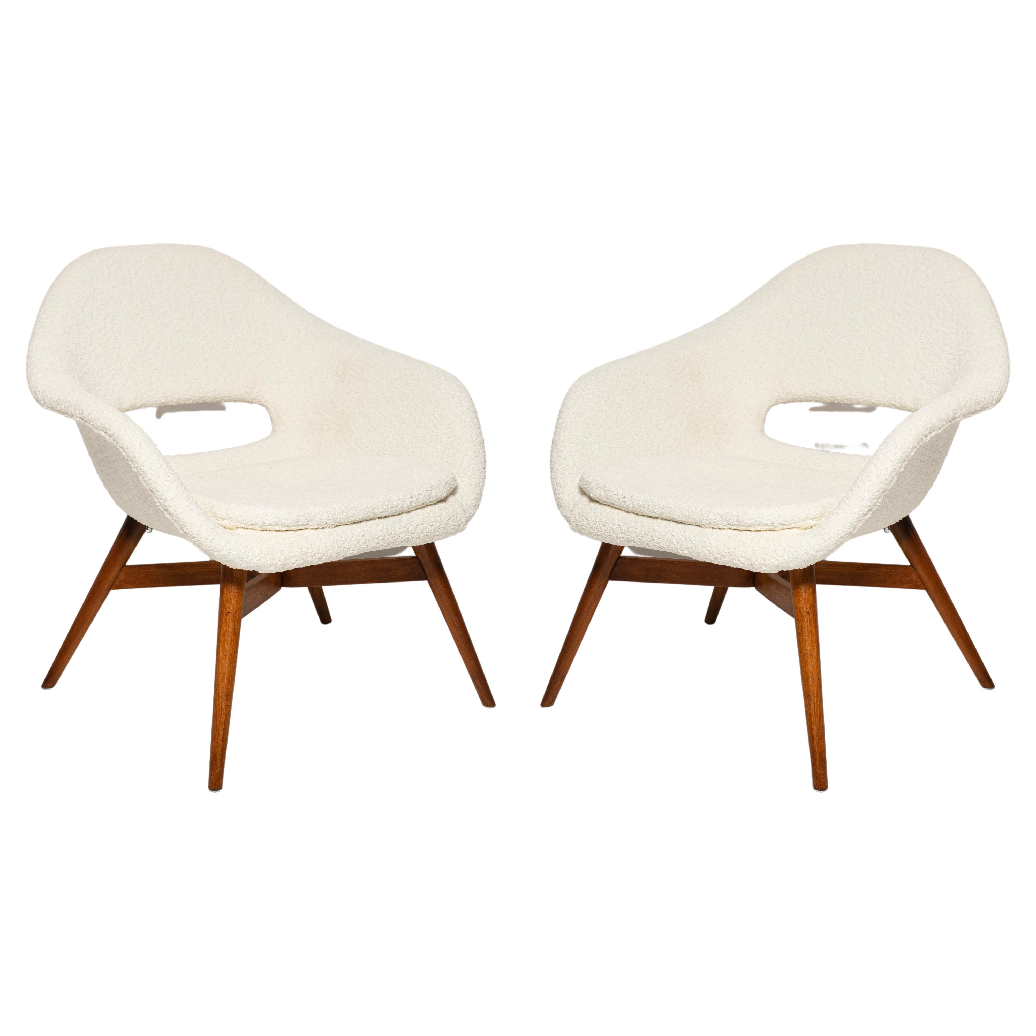 Set of 2 Mid Century White Boucle Shell Chairs, M Navratil, Czechoslovakia, 1960