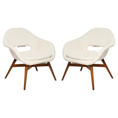 Vintage Set of 2 Mid Century White Boucle Shell Chairs, M Navratil, Czechoslovakia, 1960