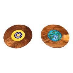 Set of 2 Mid-Century Wooden and Ceramic Plates, 1960s