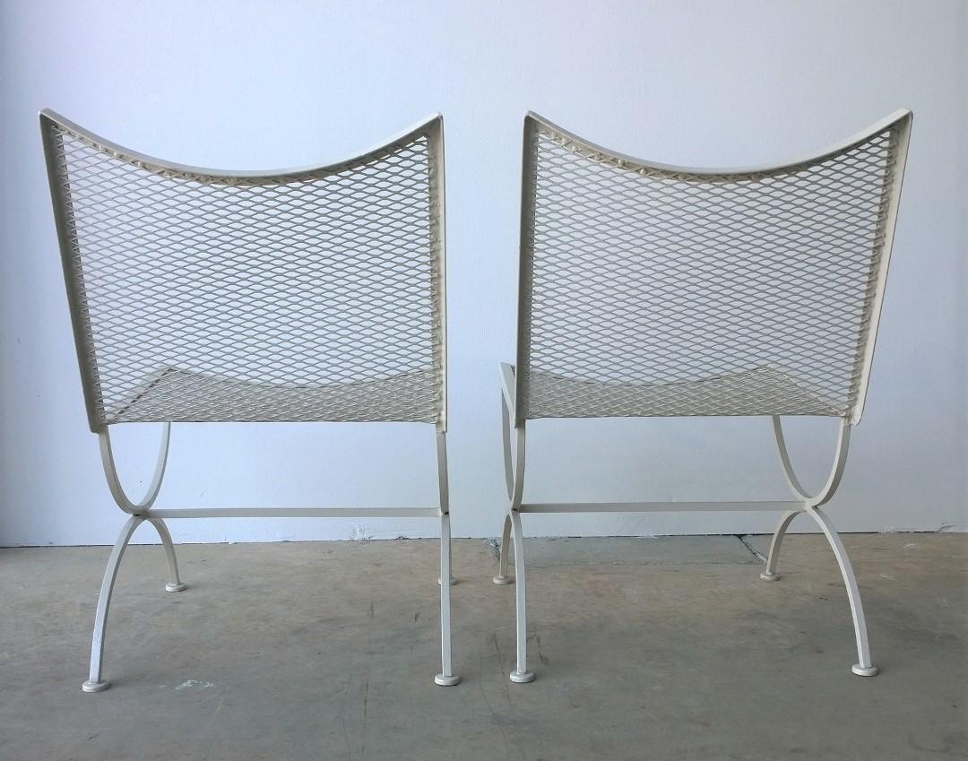 Post-Modern S/2 Bob Anderson Newly Enameled White Wrought Iron Armless Patio Side Chairs For Sale