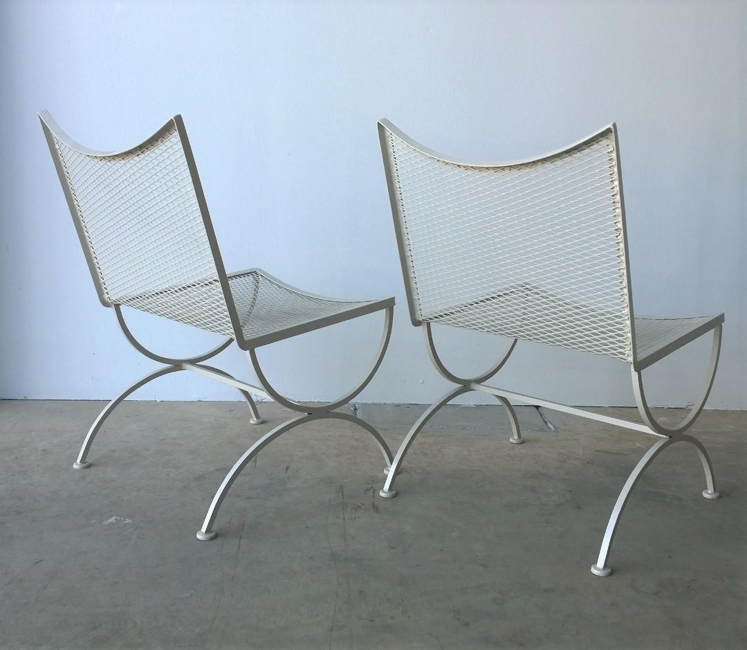 American S/2 Bob Anderson Newly Enameled White Wrought Iron Armless Patio Side Chairs For Sale