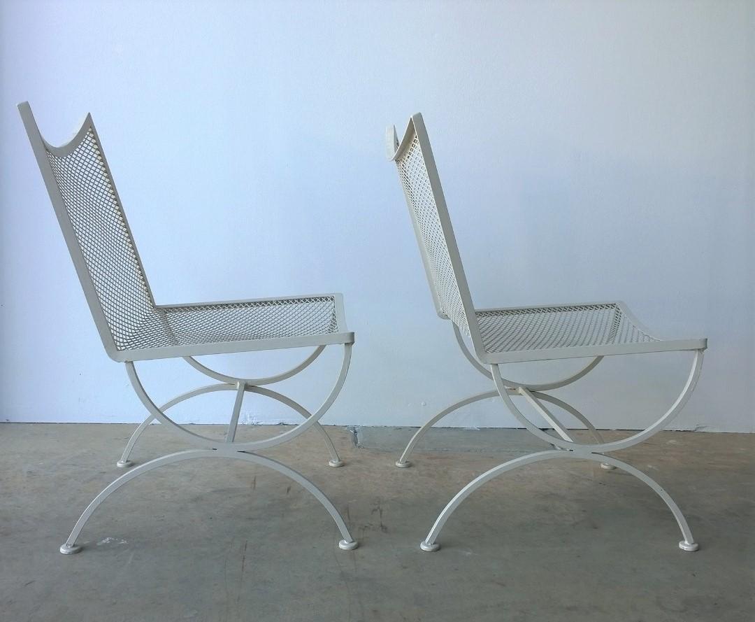 S/2 Bob Anderson Newly Enameled White Wrought Iron Armless Patio Side Chairs In Good Condition For Sale In Houston, TX