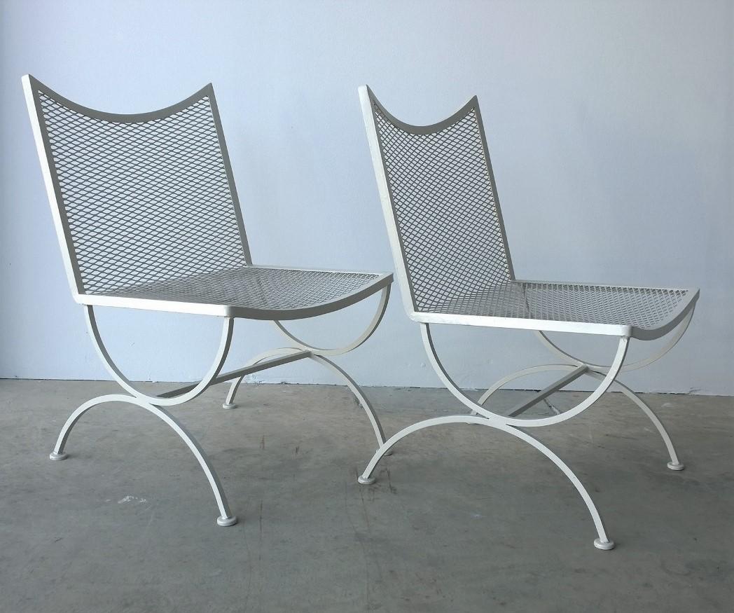 20th Century S/2 Bob Anderson Newly Enameled White Wrought Iron Armless Patio Side Chairs For Sale