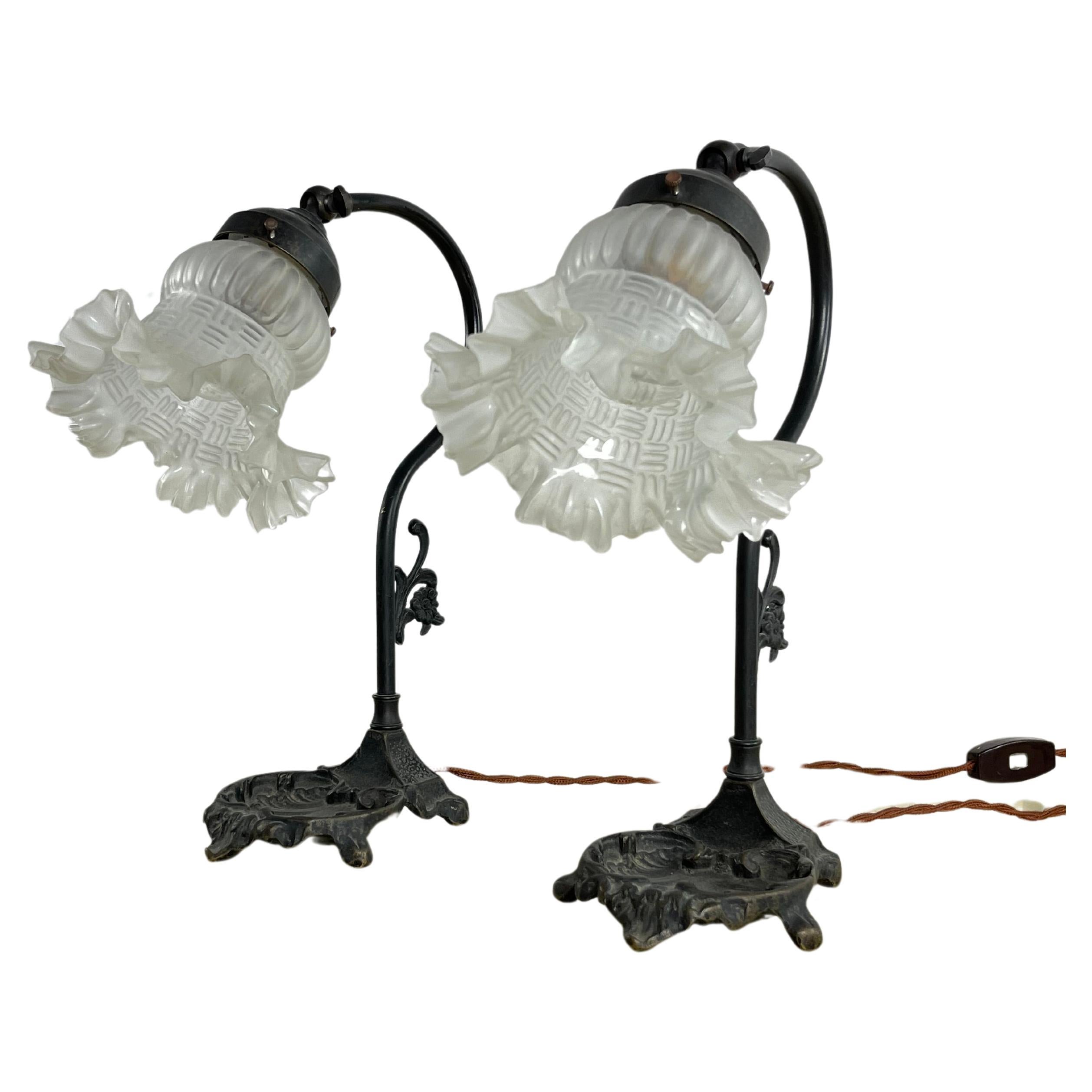 Set Of 2 Art Deco Bronze 1940s Bedside Lamps