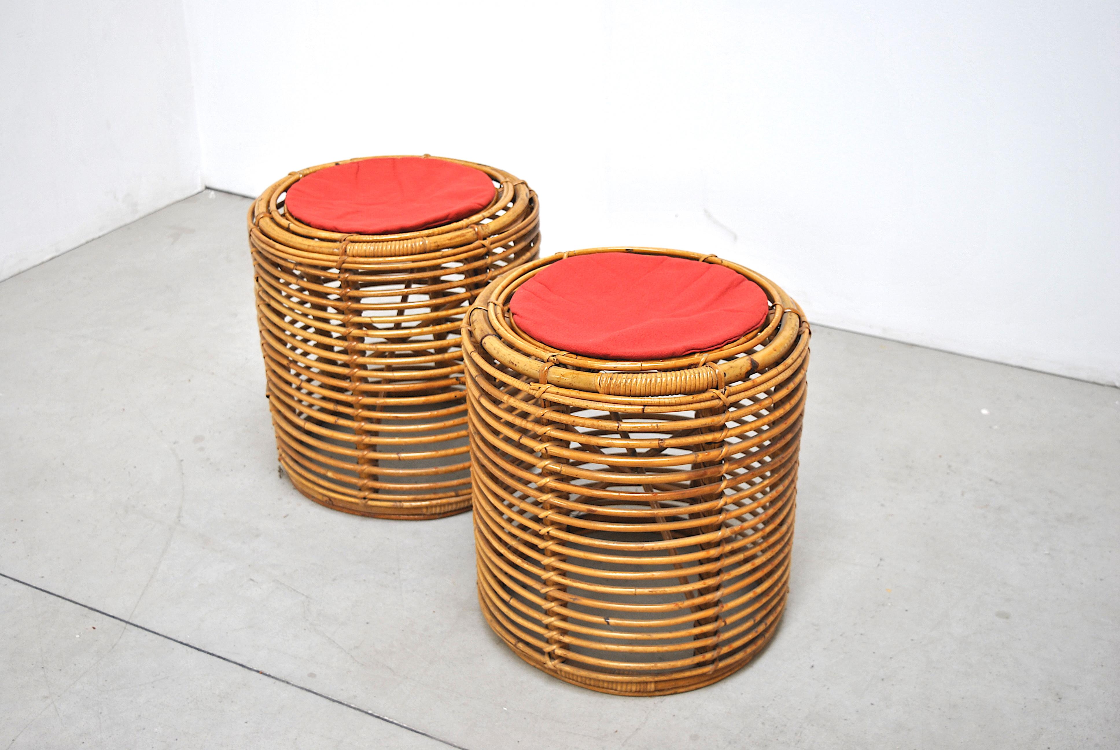 Mid-Century Modern Set of 2 Midcentury Cylindrical Poufs after Franco Albini for Bonacina, Italy