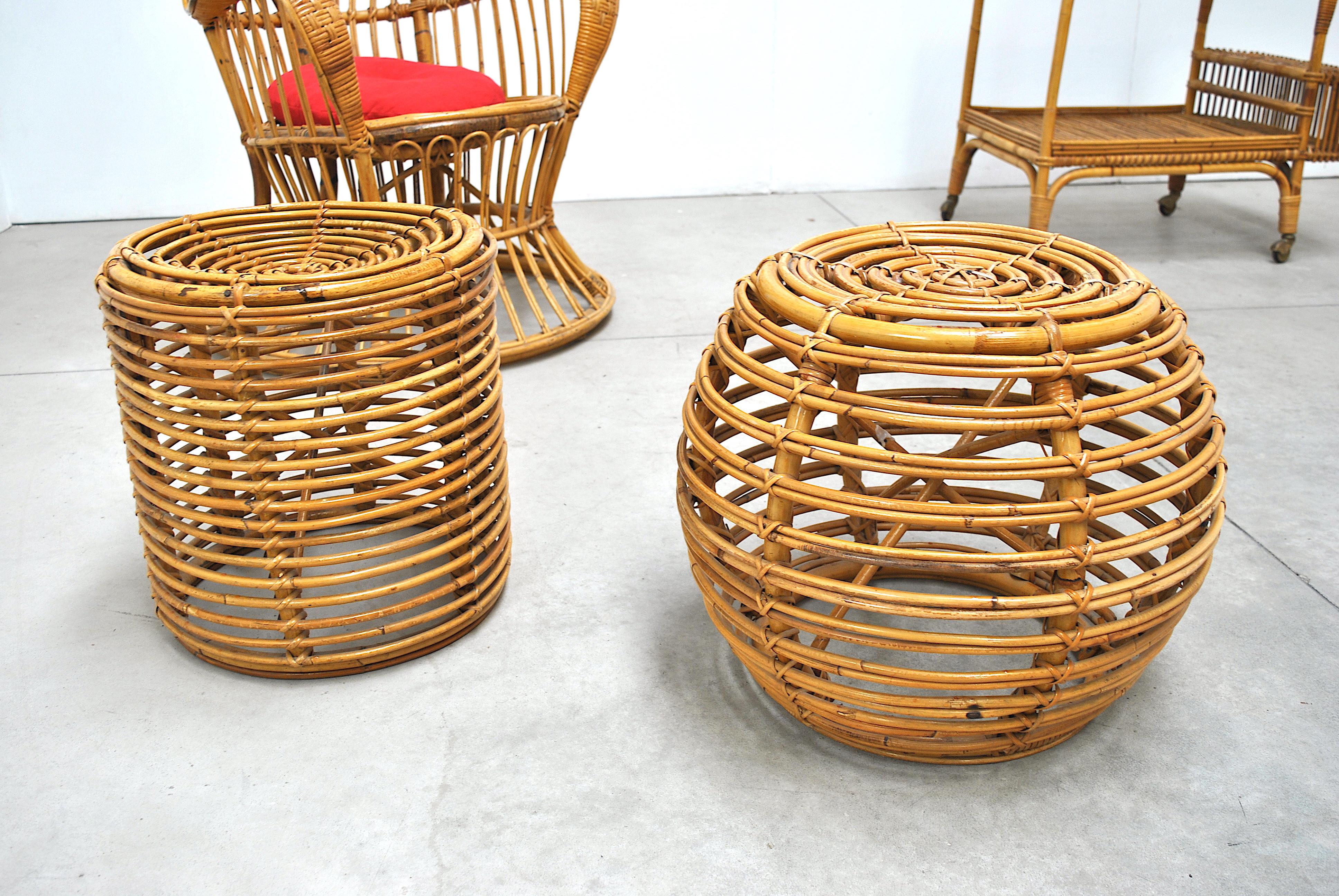 Set of 2 Midcentury Cylindrical Poufs after Franco Albini for Bonacina, Italy 2