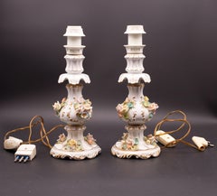 Set of 2 Midcentury Italian Modern Capodimonte Porcelain Floral Table Lamps