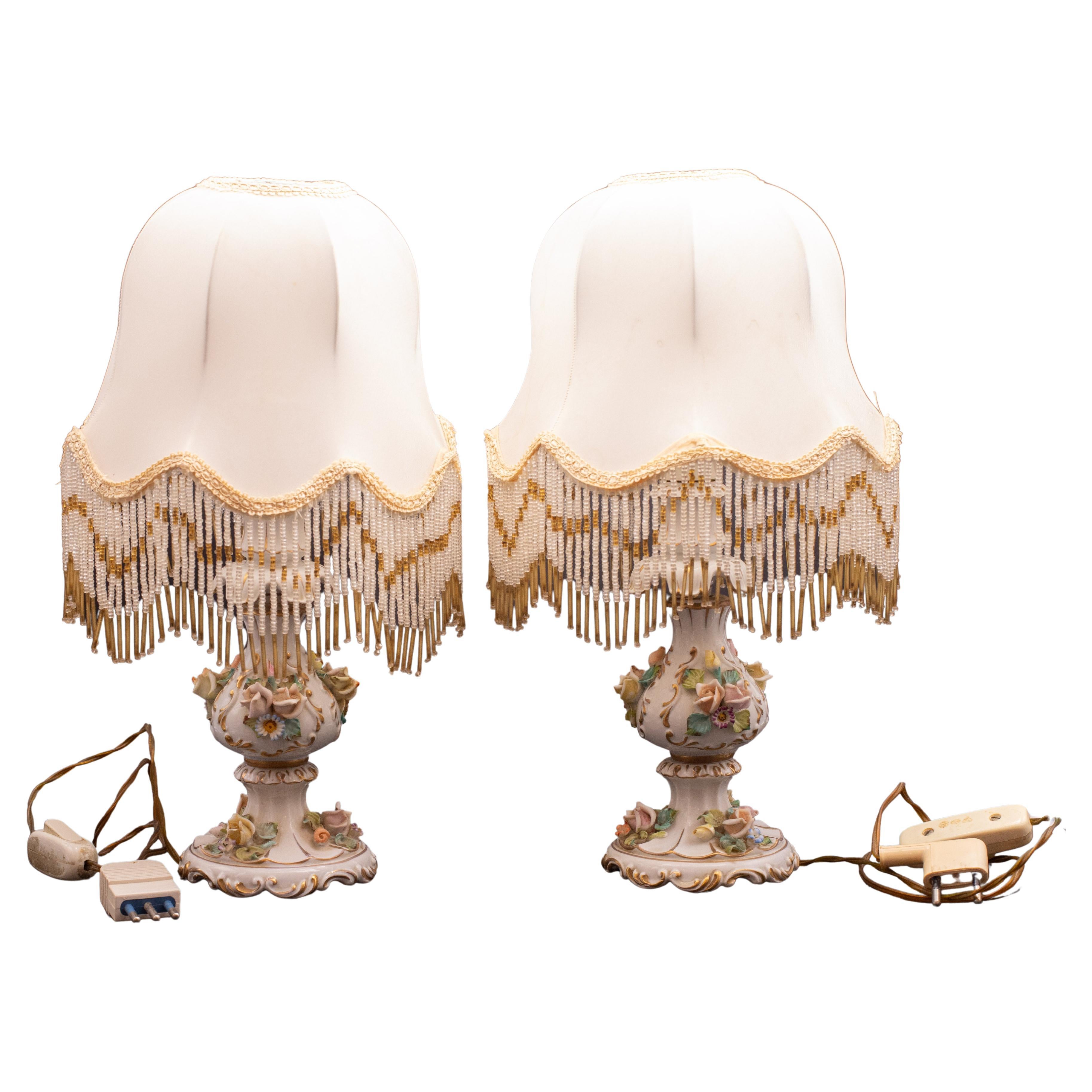 Set of 2 Midcentury Italian Modern Capodimonte Porcelain Floral Table Lamps