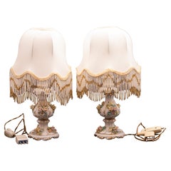 Set of 2 Midcentury Italian Modern Capodimonte Porcelain Floral Table Lamps