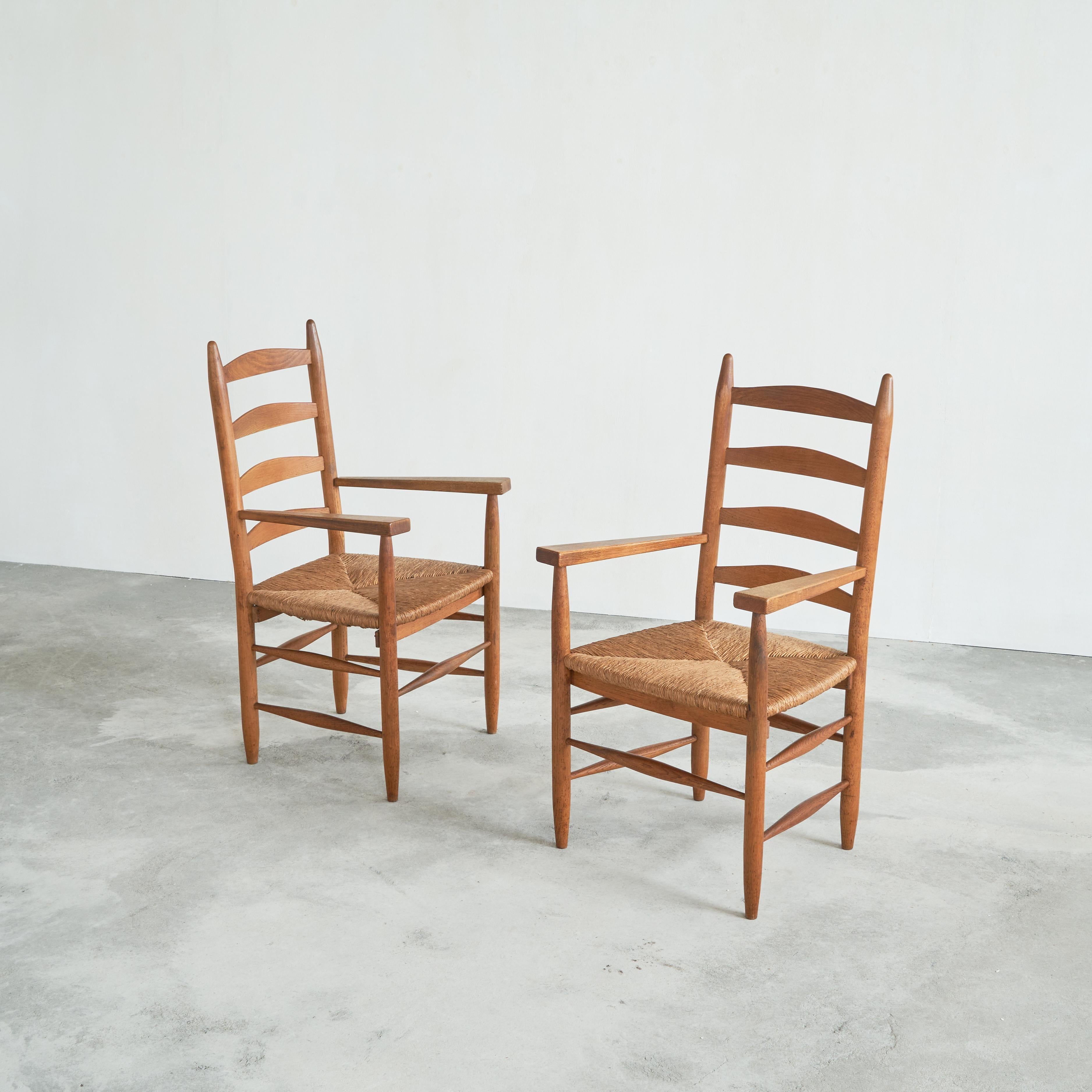 Set of 2 Midcentury Oak and Rush Armchairs, 1950s For Sale 3