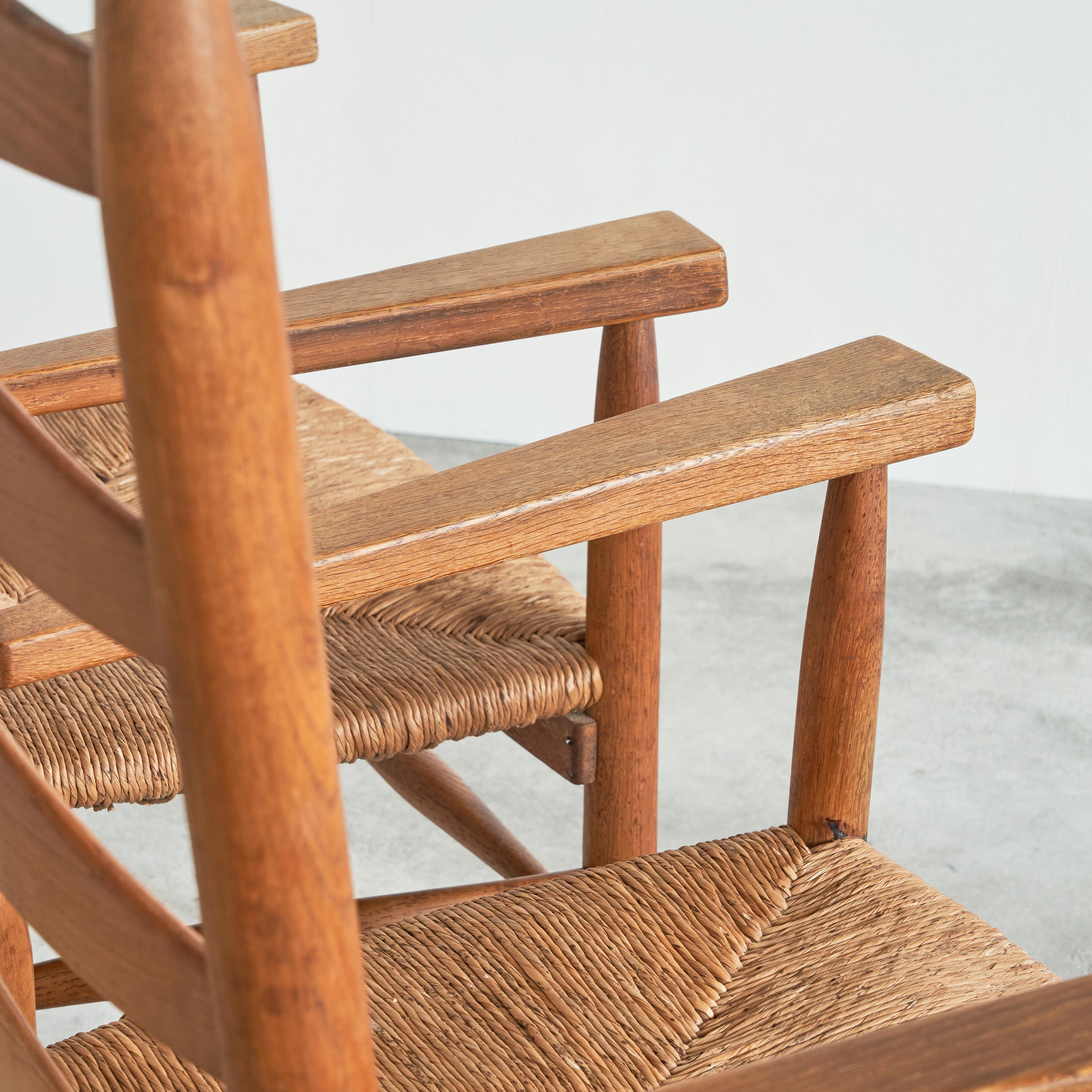 Set of 2 Midcentury Oak and Rush Armchairs, 1950s For Sale 4