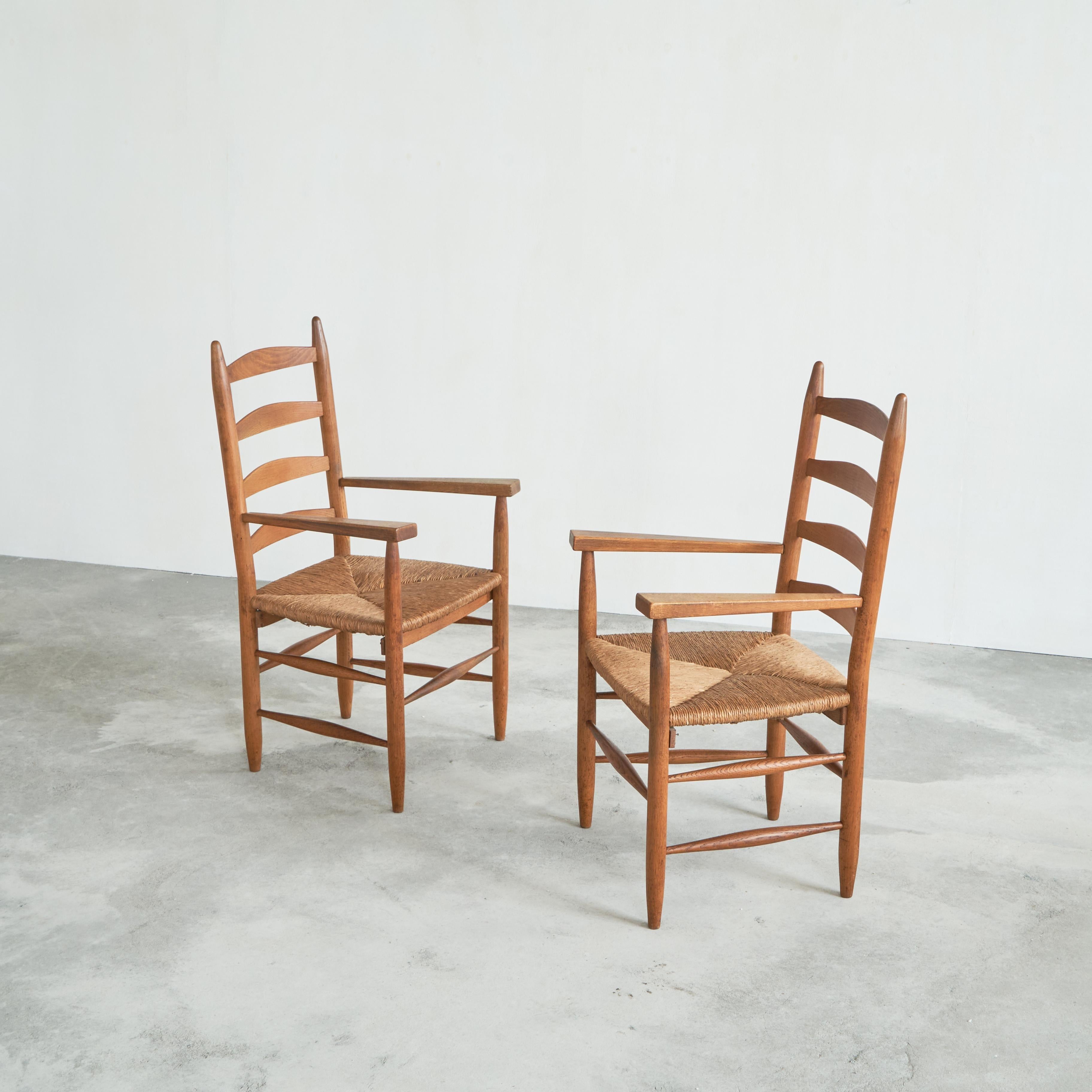 Mid-Century Modern Set of 2 Midcentury Oak and Rush Armchairs, 1950s For Sale
