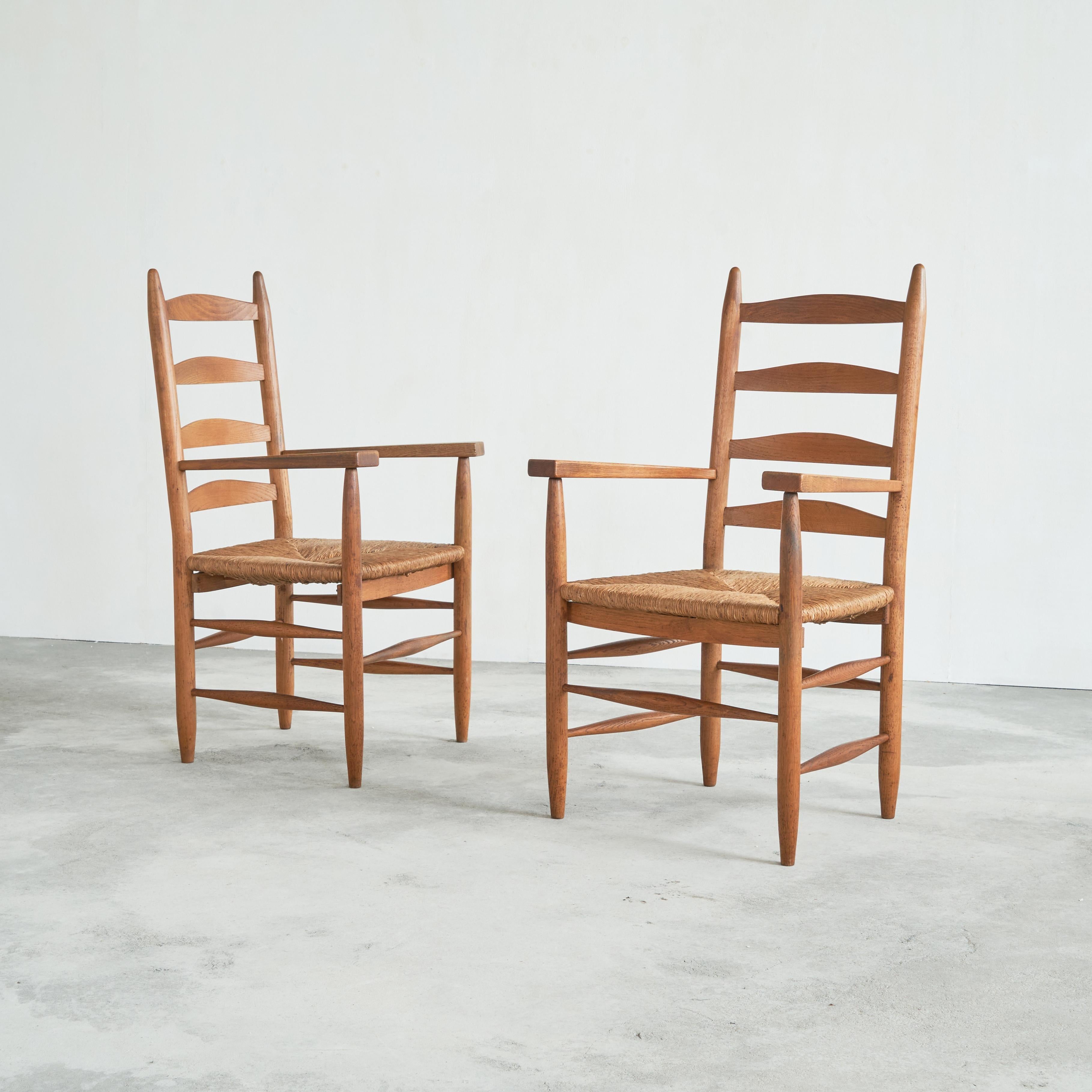 European Set of 2 Midcentury Oak and Rush Armchairs, 1950s For Sale