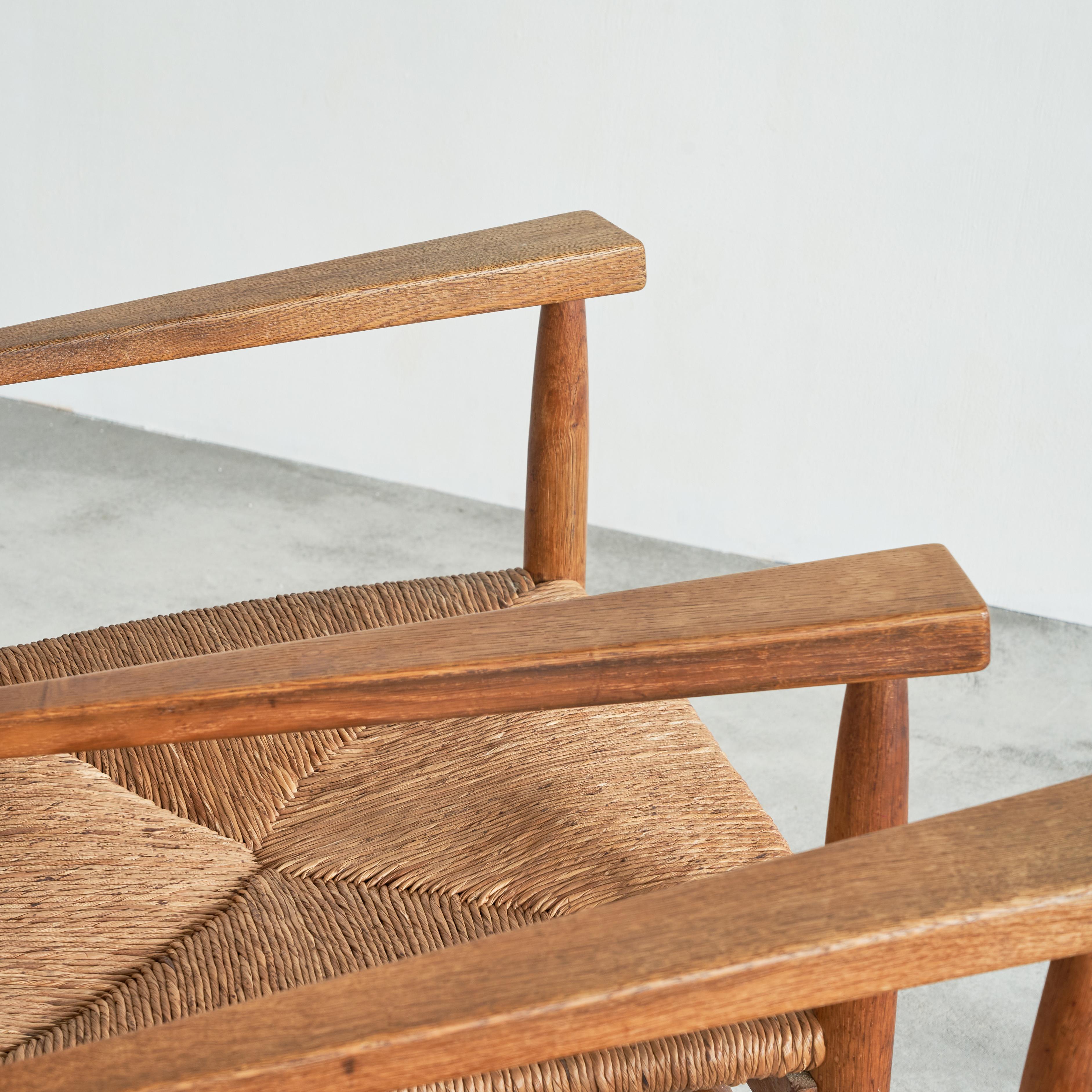 Hand-Crafted Set of 2 Midcentury Oak and Rush Armchairs, 1950s For Sale