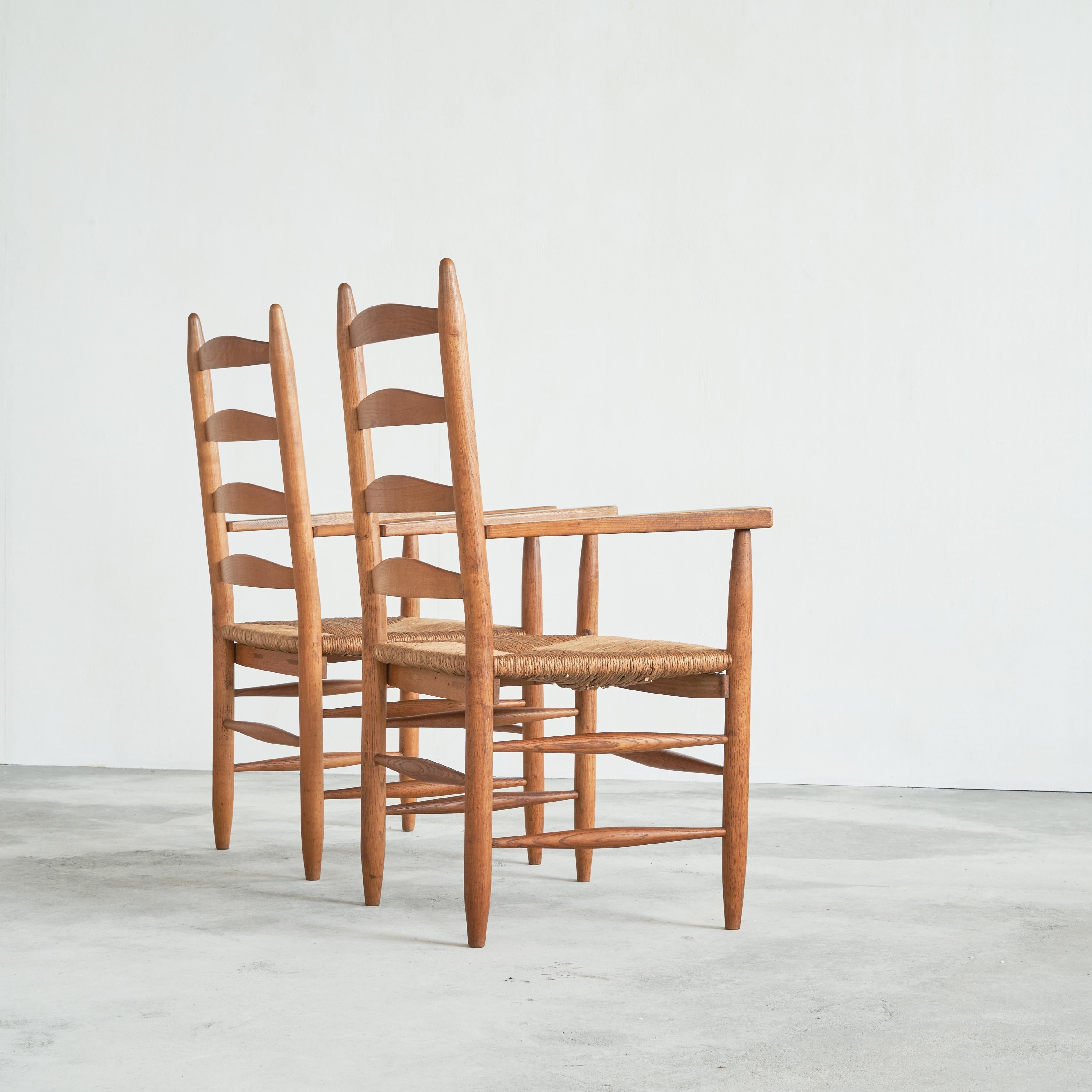 Set of 2 Midcentury Oak and Rush Armchairs, 1950s In Good Condition For Sale In Meer, VAN