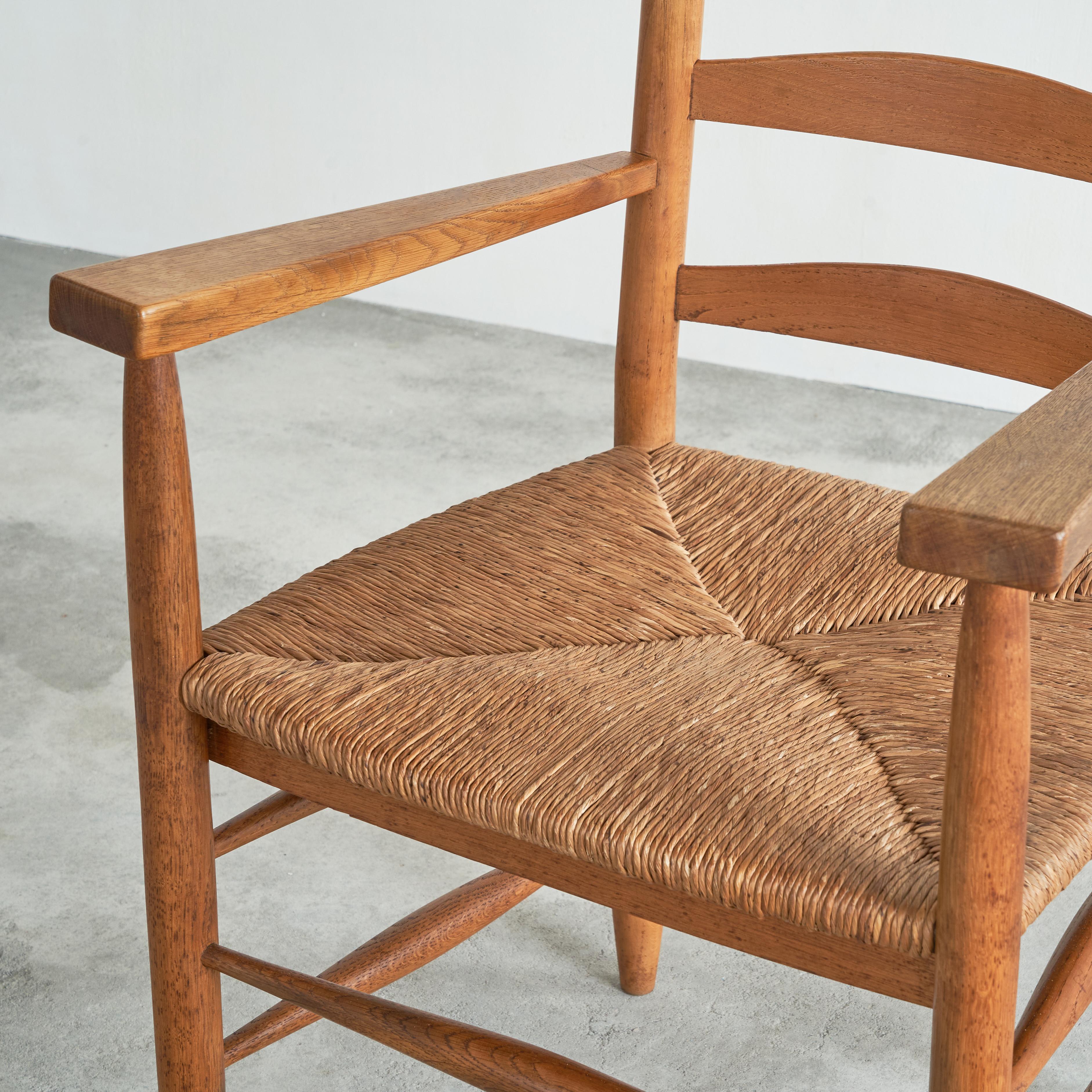 20th Century Set of 2 Midcentury Oak and Rush Armchairs, 1950s For Sale