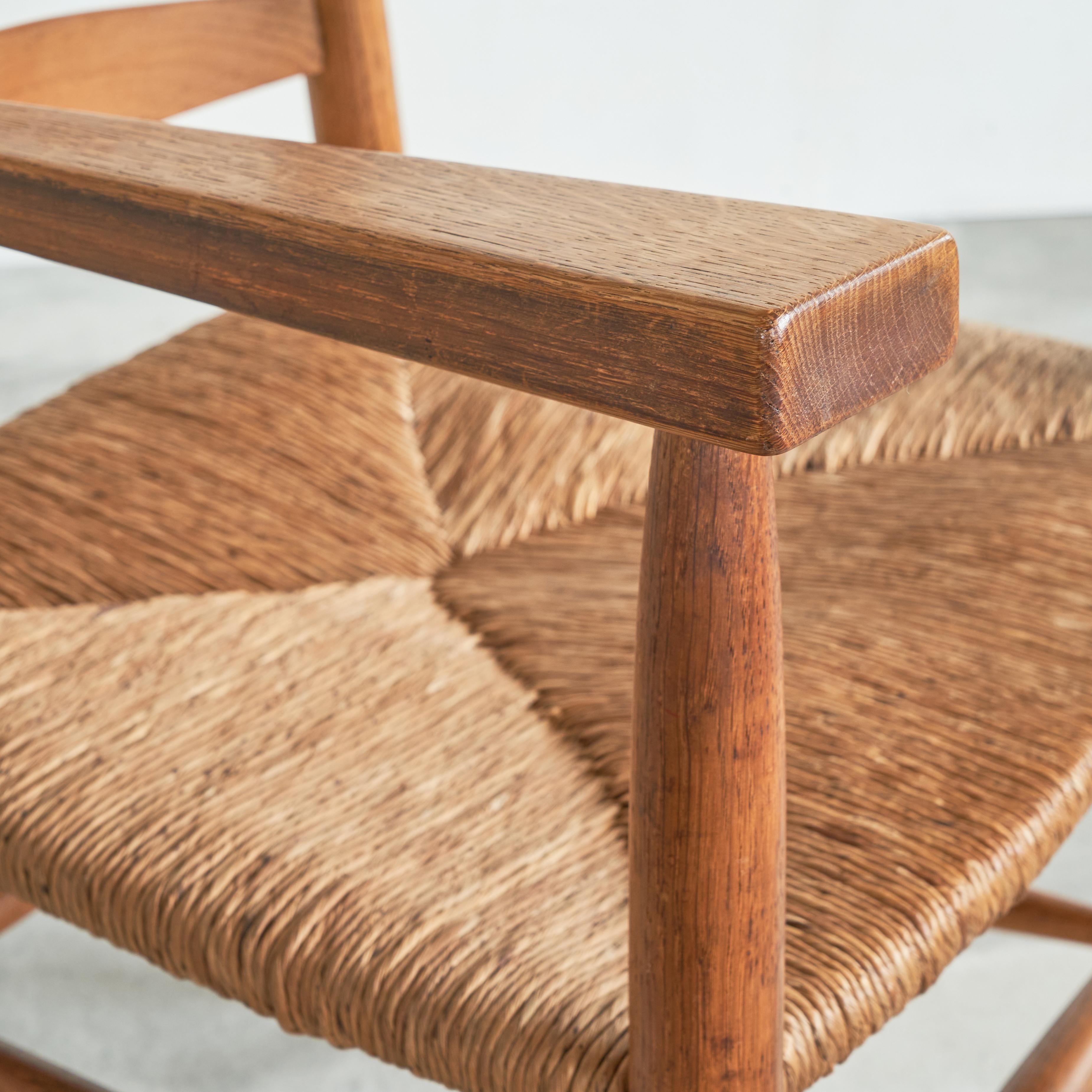 Set of 2 Midcentury Oak and Rush Armchairs, 1950s For Sale 1