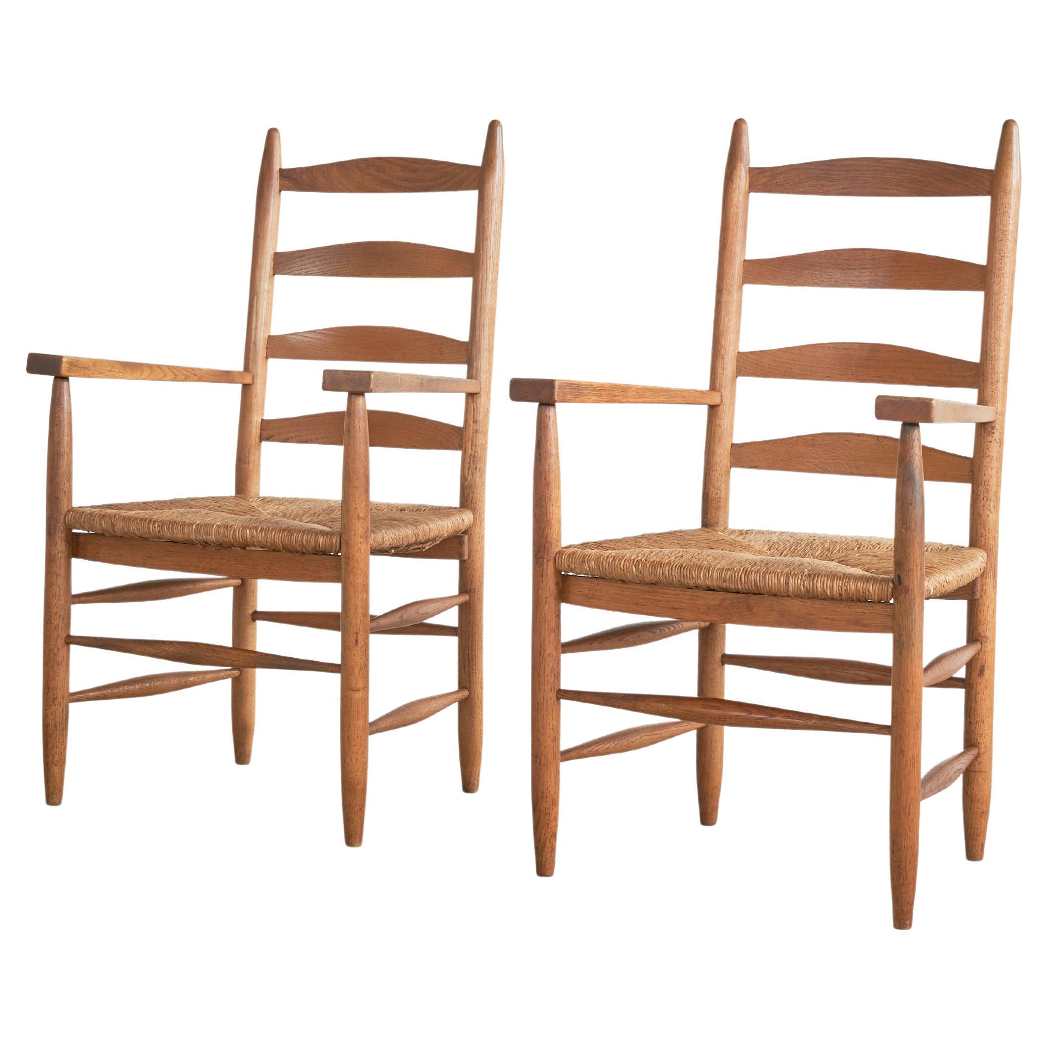 Set of 2 Midcentury Oak and Rush Armchairs, 1950s For Sale