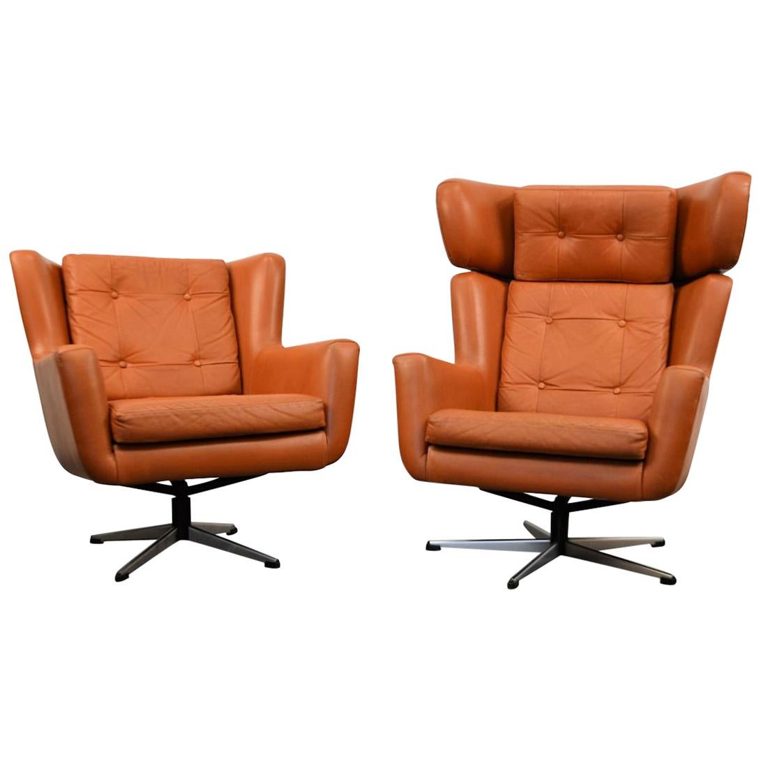 Set of 2 Midcentury Skjold Sørensen Leather Swivel Chairs
