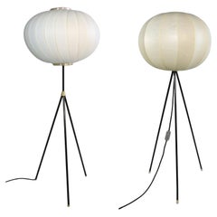 Set of 2 Midcentury Tripod Floor Lamps, Cocoon Lampshade, 50s 60s