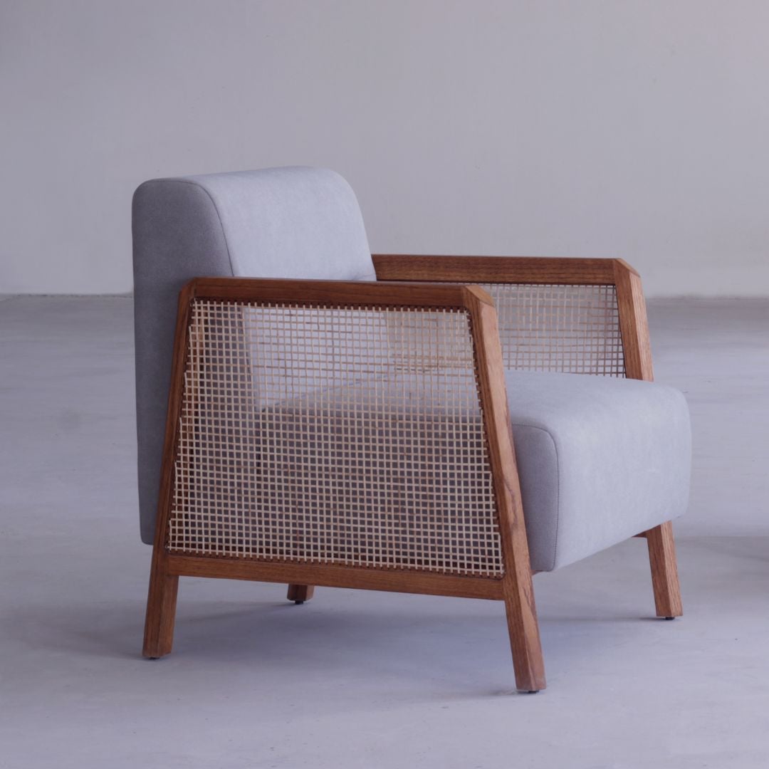 Bohemian Set of 2 Minimal Modern Boho Handwoven Cane Solid Wood Lounge Armchairs in Oak For Sale