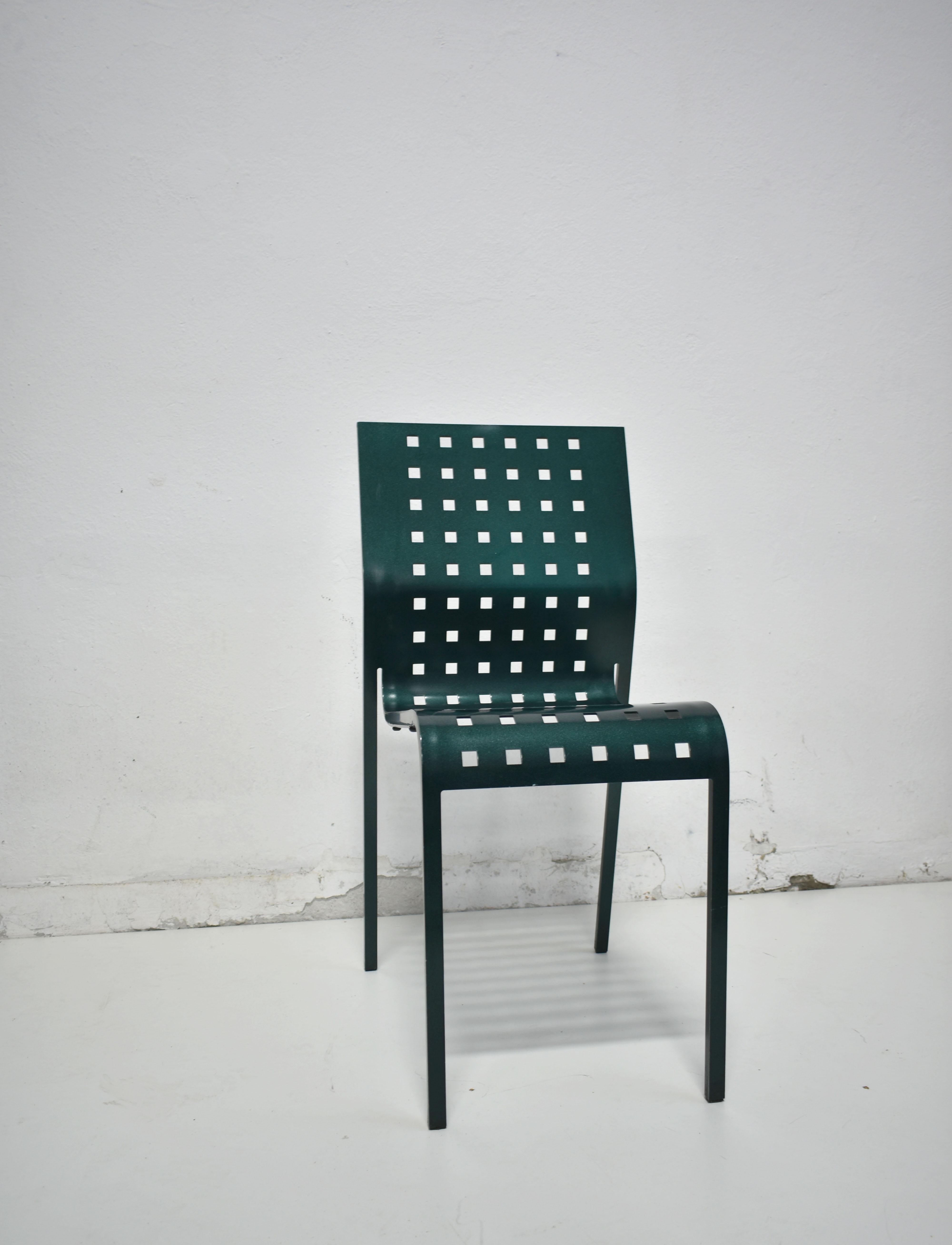 Pair of stacking Mirandolina chairs No 2068 designed by Pietro Arosio in 1993 for the high-end furniture company Zanotta, Italy

The chair is made from one piece of curved and perforated aluminium.

   
