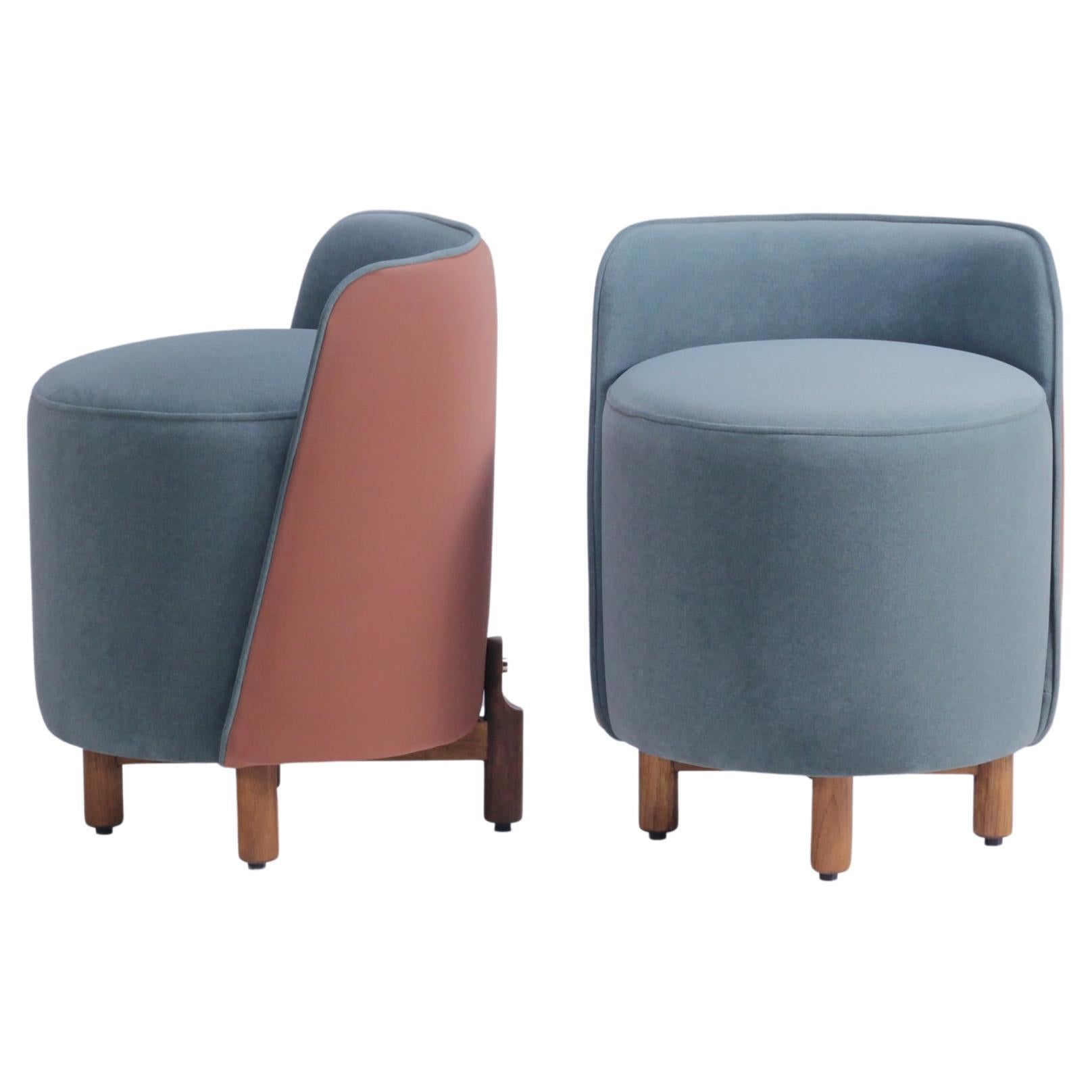 Set of 2 Modern Pouffe Seat with Backrest, Solid Wood Legs and Brass For Sale