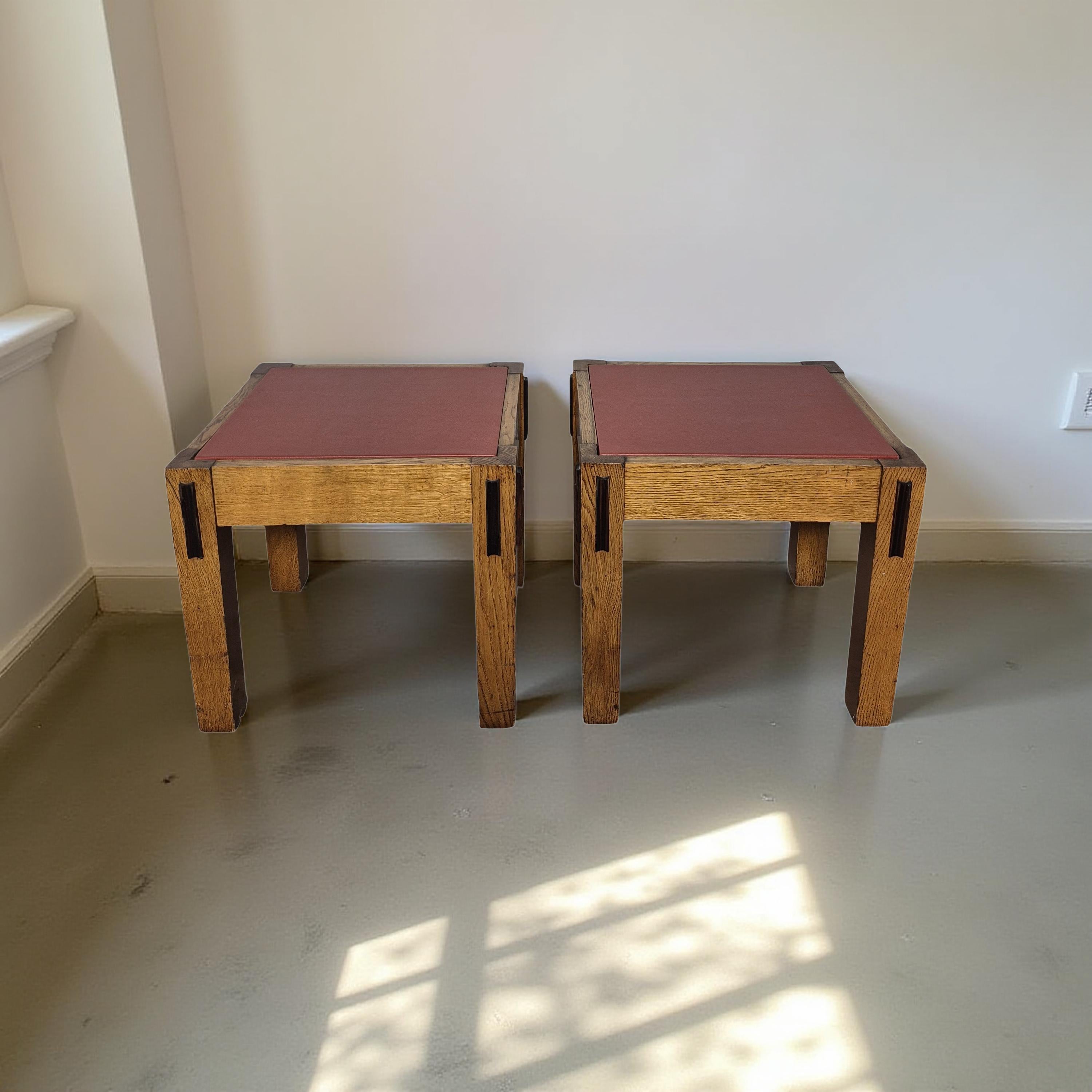 Set of 2 modernist side tables. Handcrafted by a skilled carpenter in solid wood. The tops have been replaced by new wood and upholstered in red vinyl.
Great set for a living room but why not use them as night stands? The minimalist design and calm