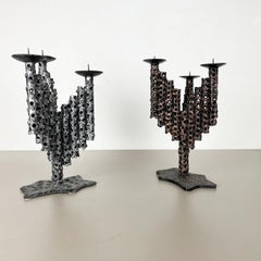 Set of 2 Modernist Vintage 1970s Sculptural Brutalist Metal Candleholder, France