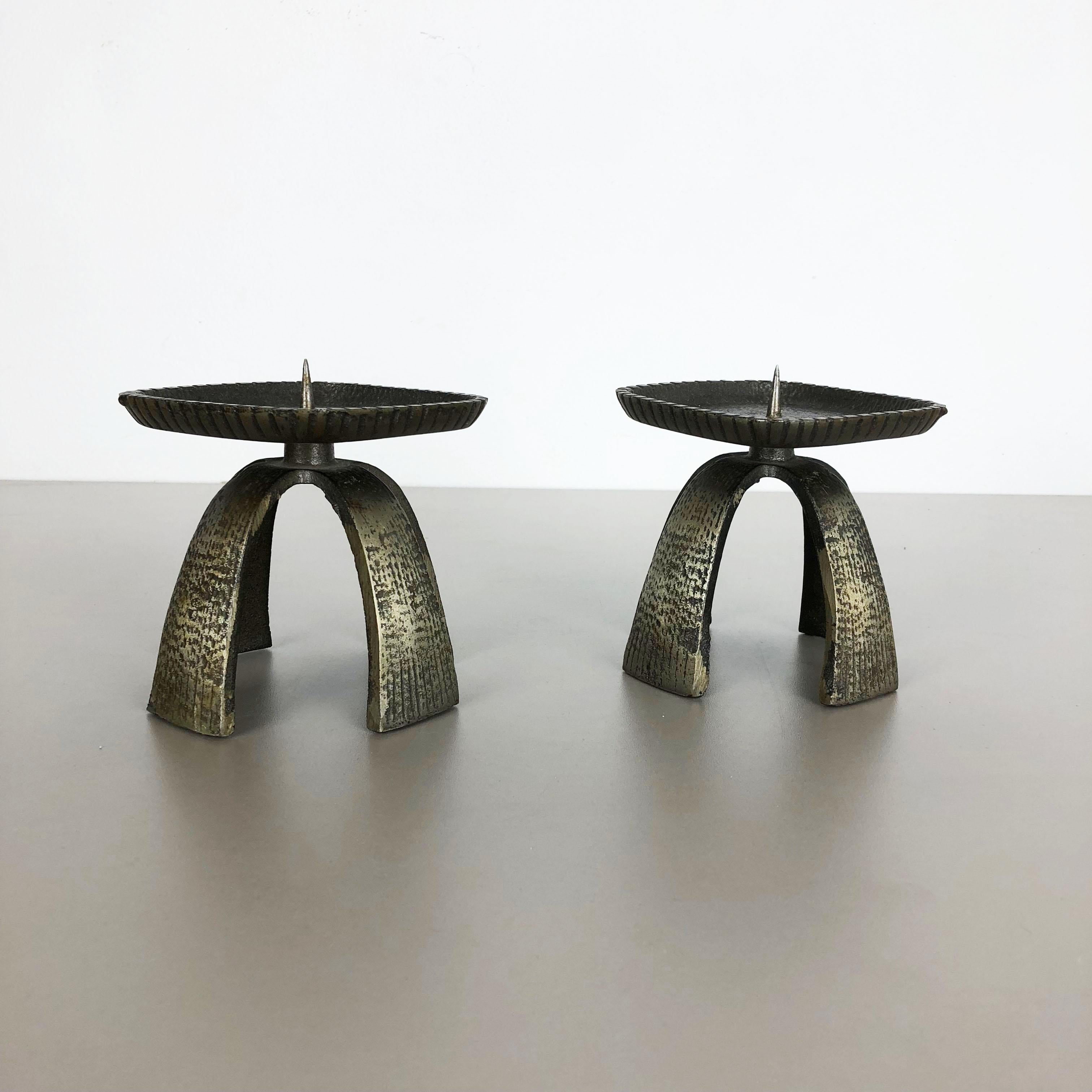 Scandinavian Modern Set of 2 Modernist Vintage 1970s Sculptural Brutalist Metal Candleholder, France