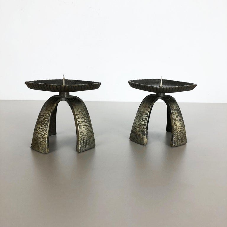 Scandinavian Modern Set of 2 Modernist Vintage 1970s Sculptural Brutalist Metal Candleholder, France For Sale