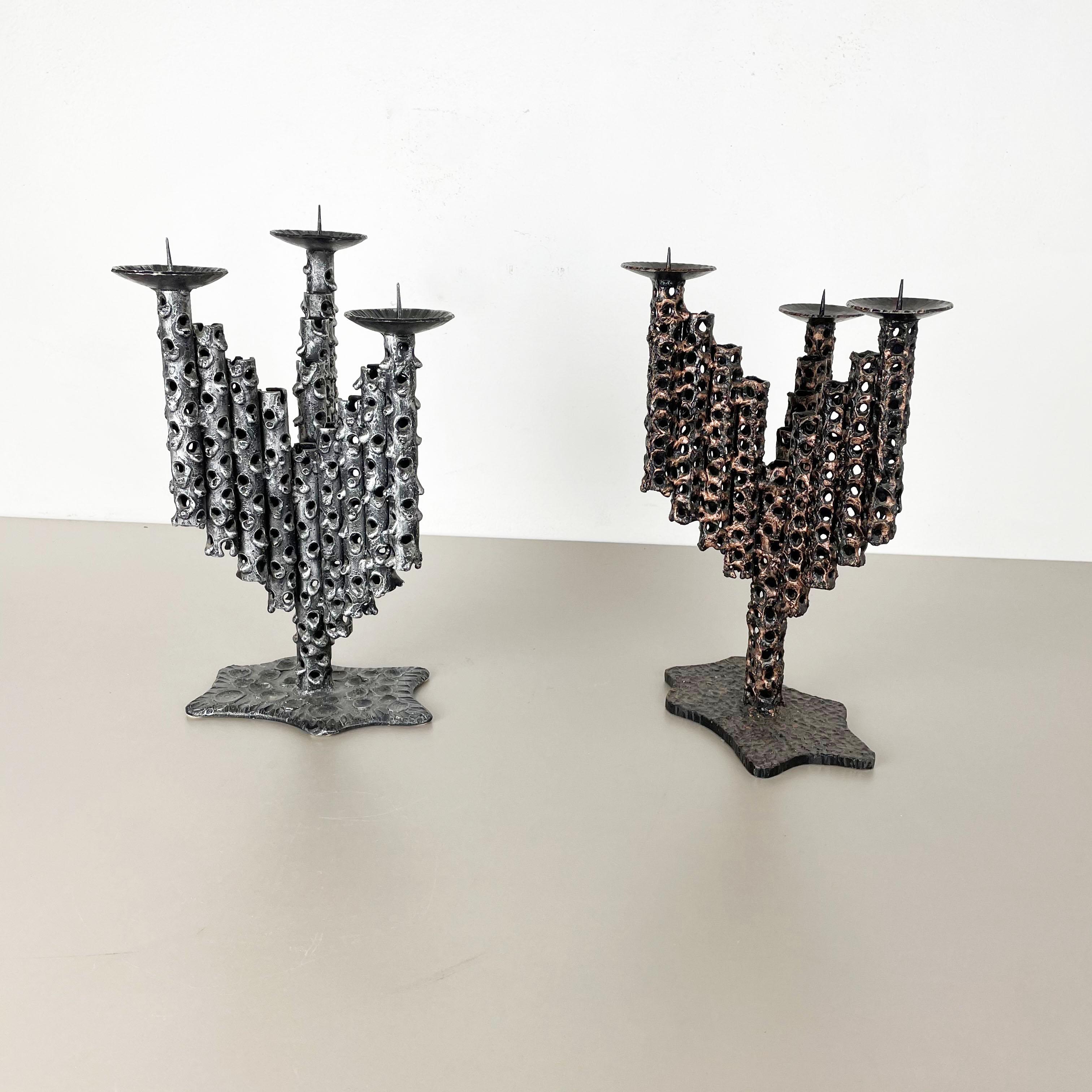 Scandinavian Modern Set of 2 Modernist Vintage 1970s Sculptural Brutalist Metal Candleholder, France For Sale