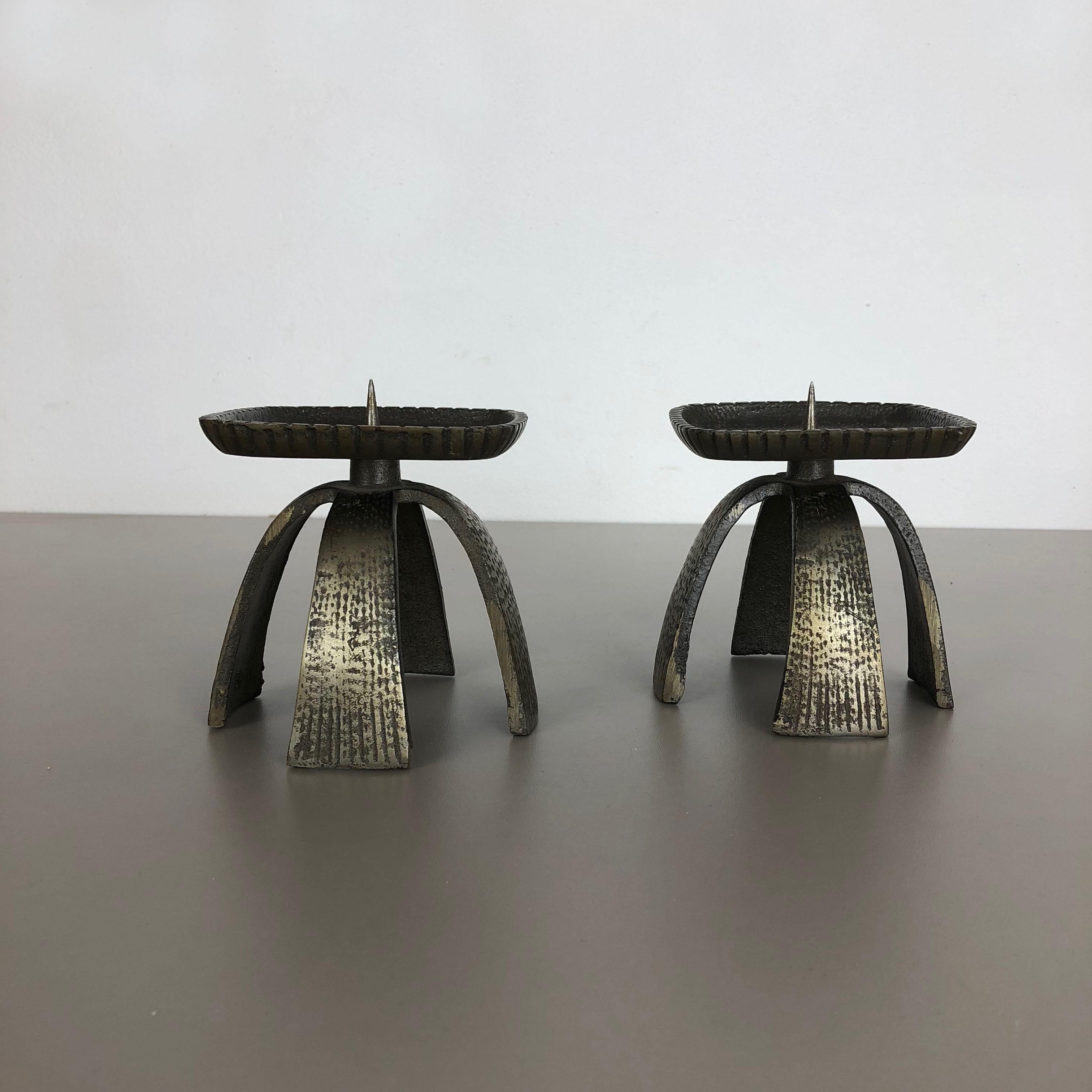French Set of 2 Modernist Vintage 1970s Sculptural Brutalist Metal Candleholder, France