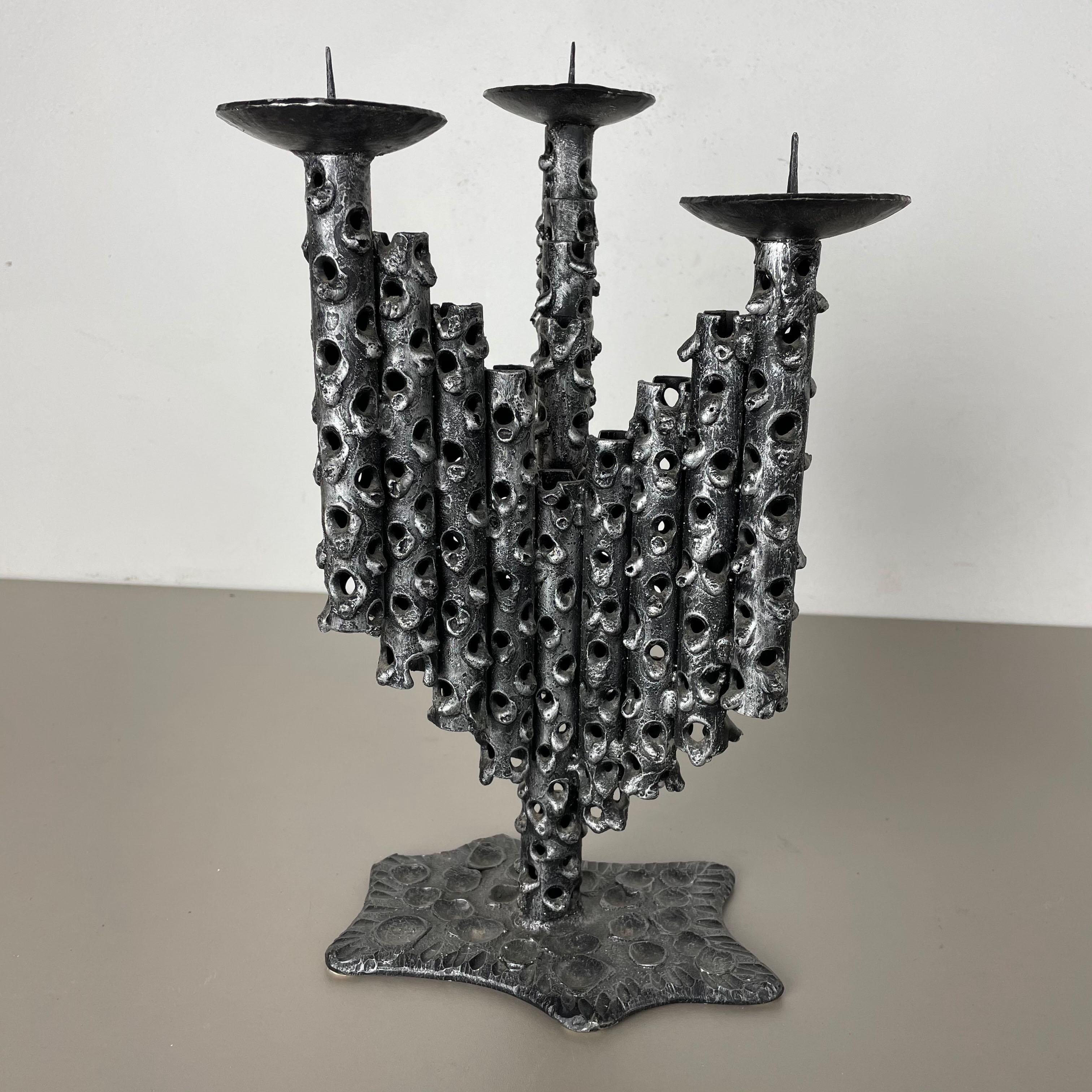 French Set of 2 Modernist Vintage 1970s Sculptural Brutalist Metal Candleholder, France For Sale