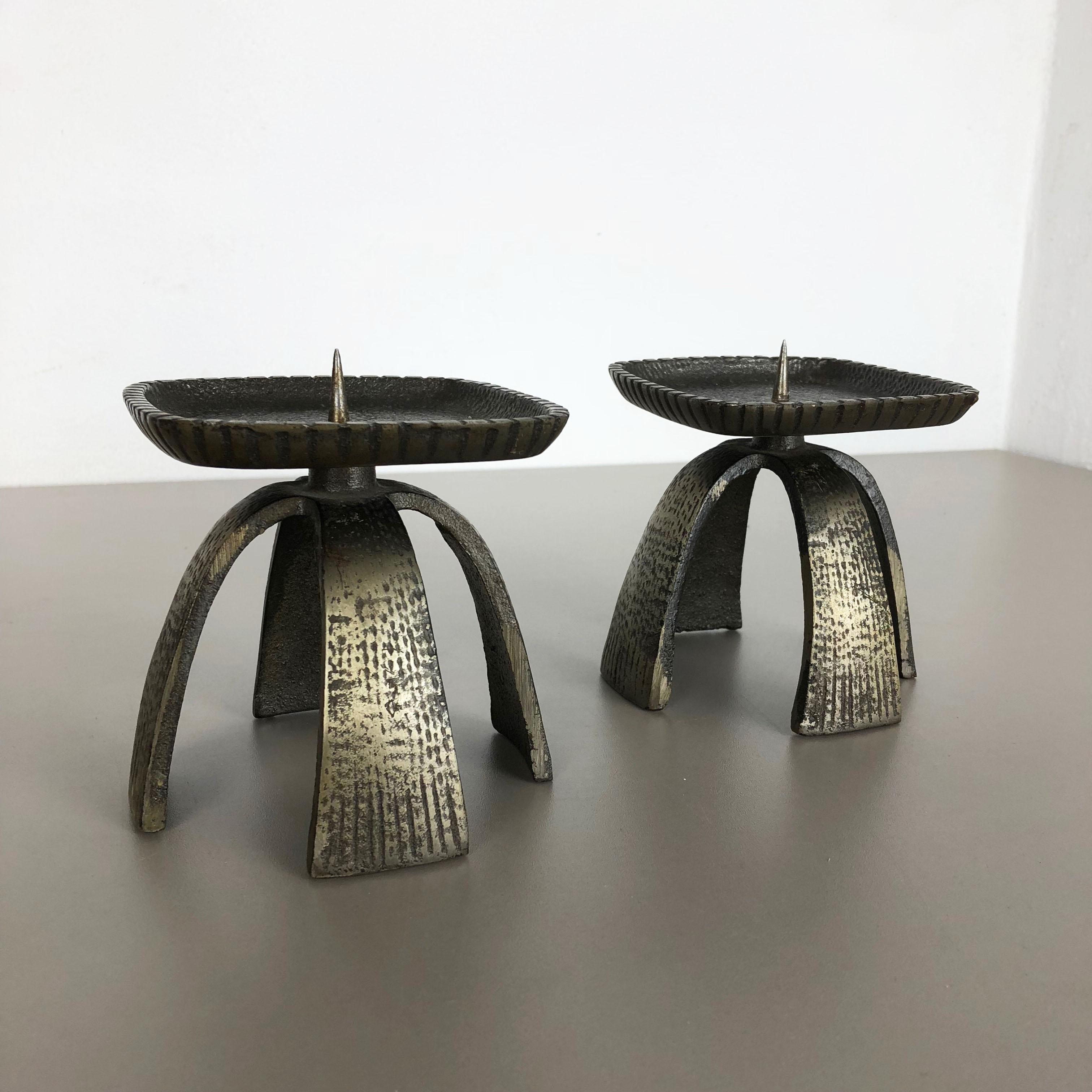 20th Century Set of 2 Modernist Vintage 1970s Sculptural Brutalist Metal Candleholder, France