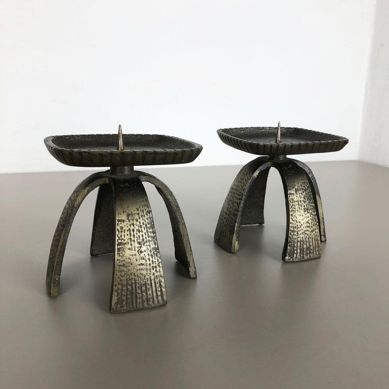 20th Century Set of 2 Modernist Vintage 1970s Sculptural Brutalist Metal Candleholder, France For Sale