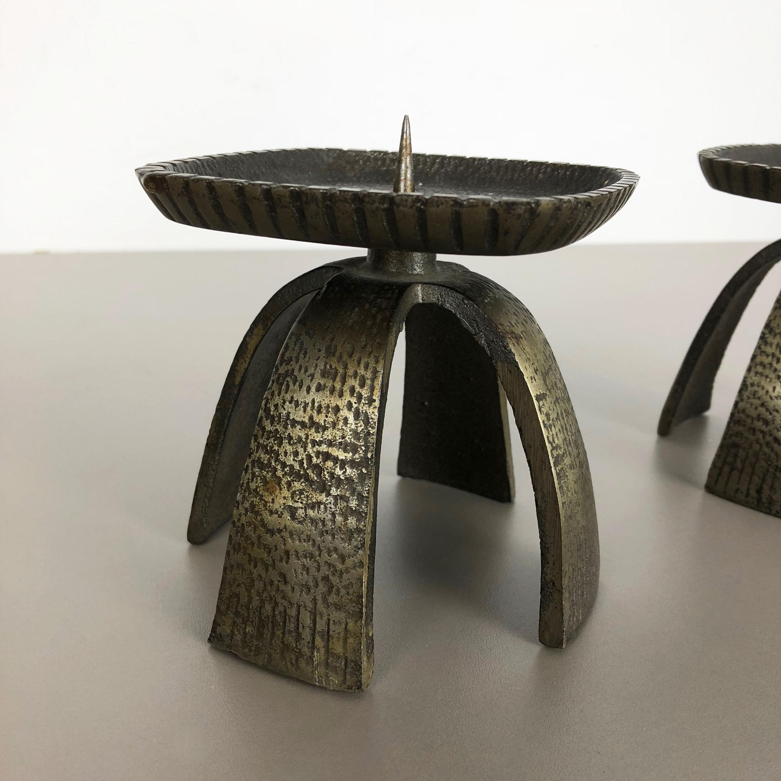Set of 2 Modernist Vintage 1970s Sculptural Brutalist Metal Candleholder, France 3