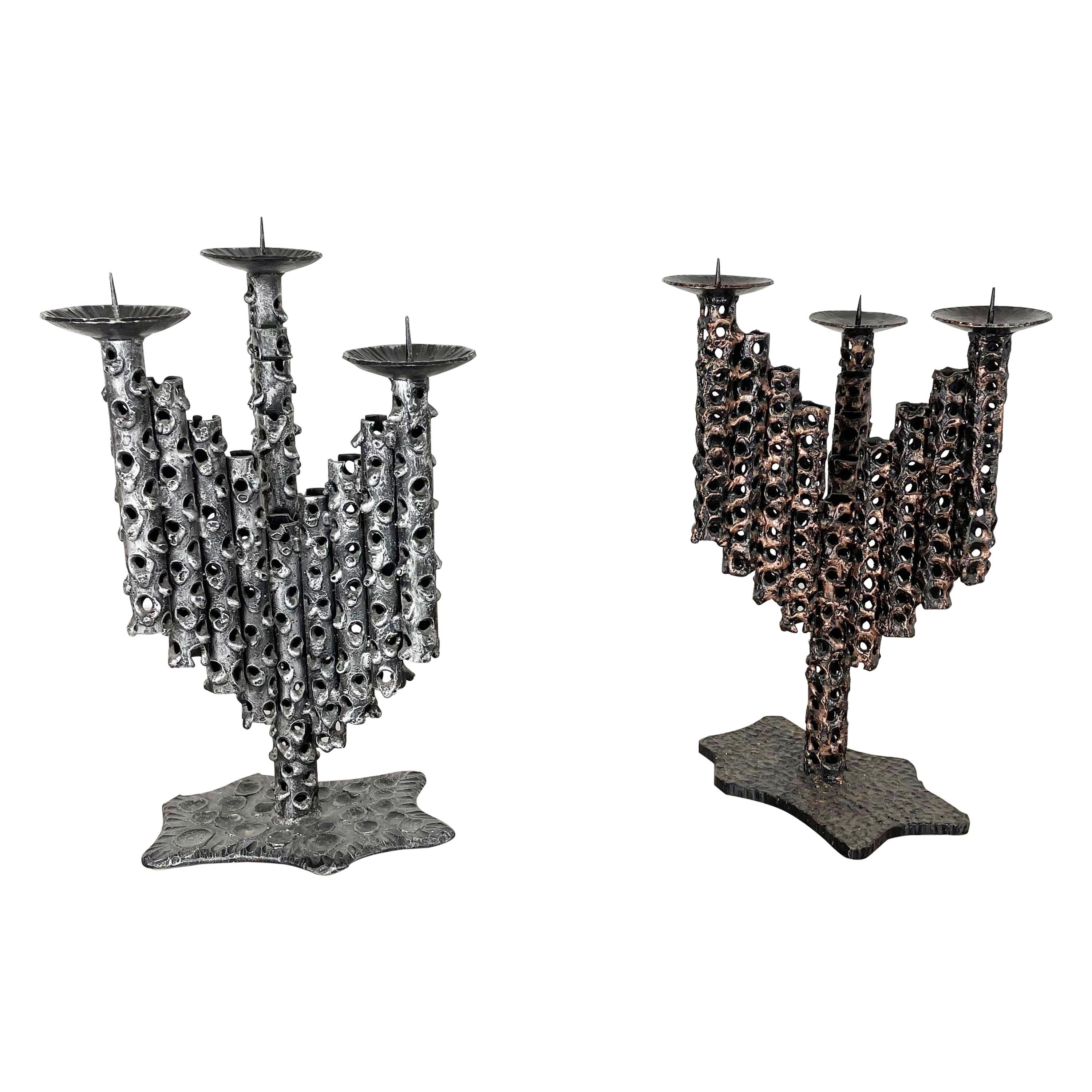 Set of 2 Modernist Vintage 1970s Sculptural Brutalist Metal Candleholder, France For Sale