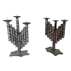 Set of 2 Modernist Retro 1970s Sculptural Brutalist Metal Candleholder, France