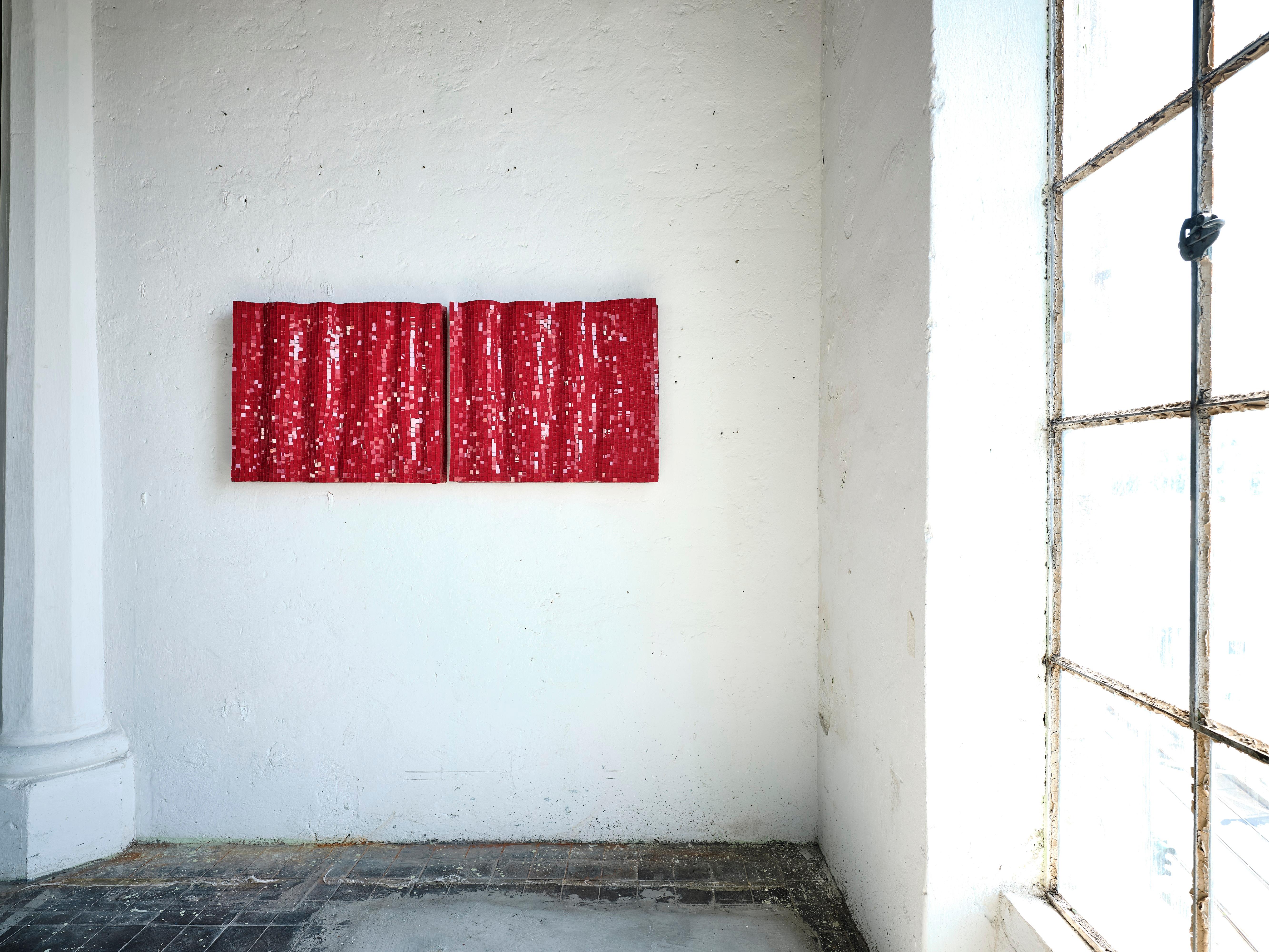 Post-Modern Set Of 2 Modular Decorative Red Glass Mosaic Panels by Davide Medri For Sale