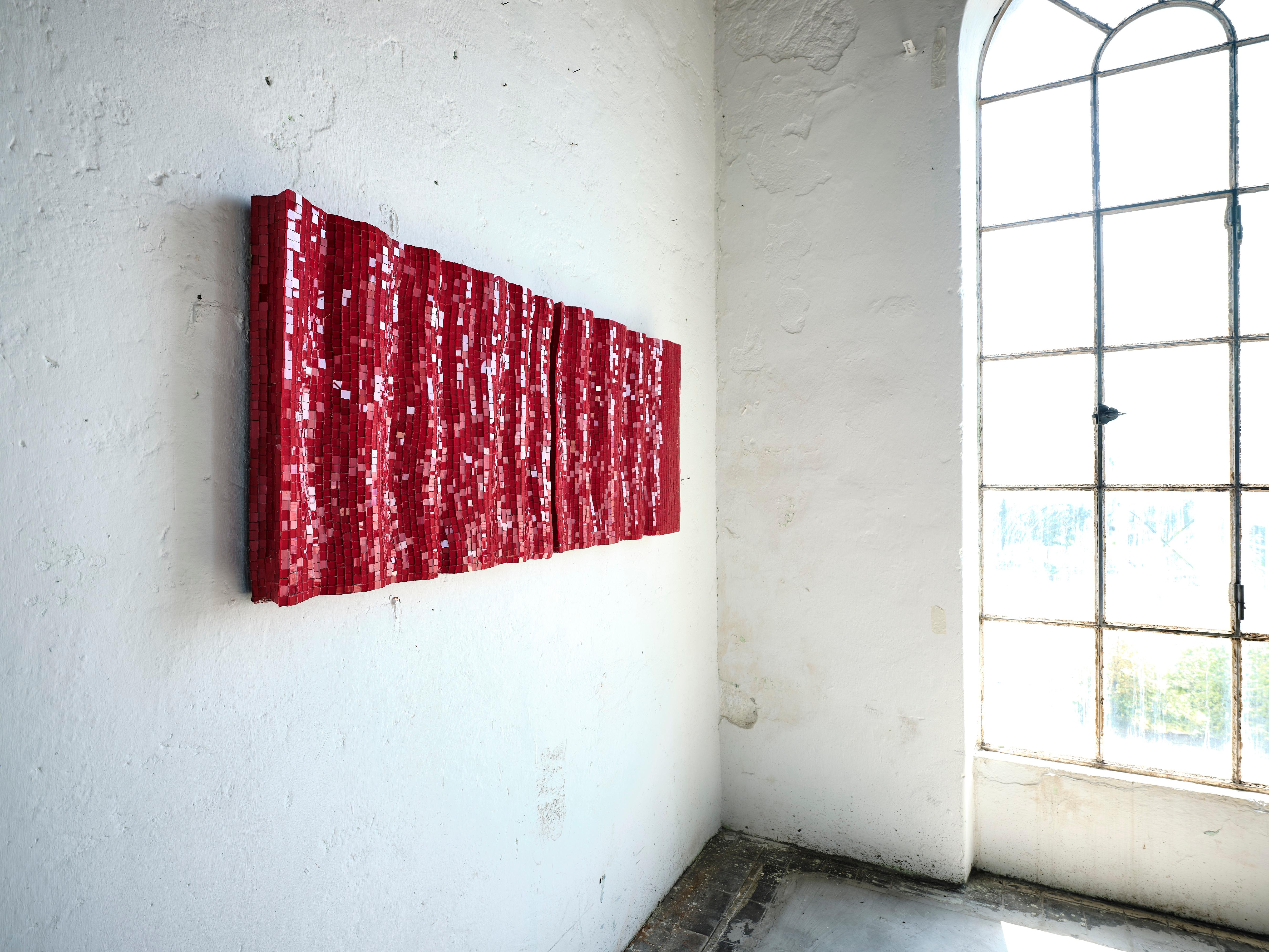 Italian Set Of 2 Modular Decorative Red Glass Mosaic Panels by Davide Medri For Sale