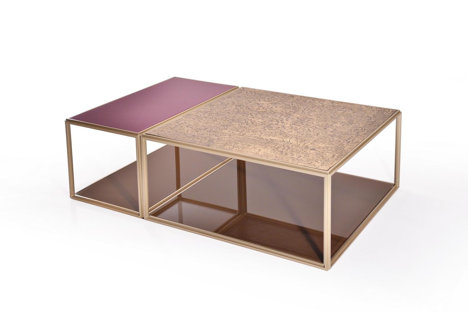 Minimalist Set of 2 Modular Low Table Collection, Brass and Glass by P. Tendercool For Sale
