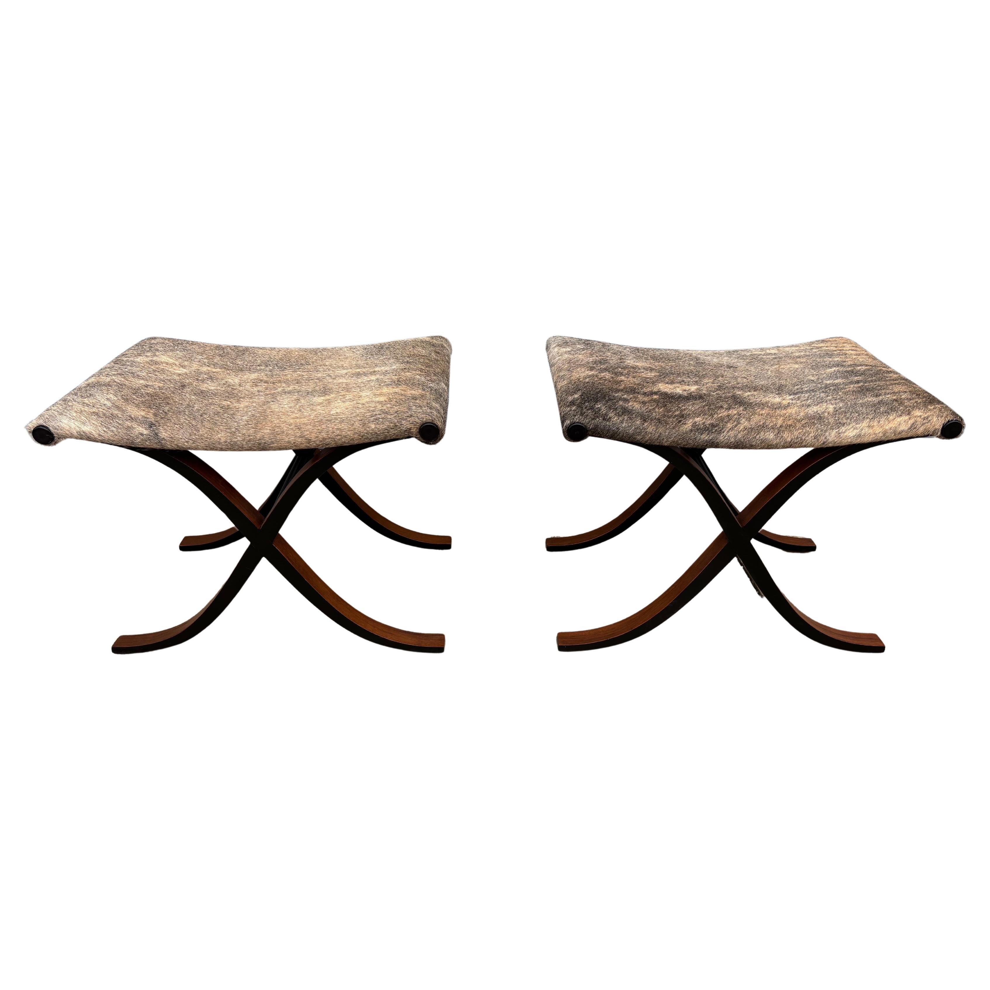 Set of 2 Molded Plywood Curule Pony Skin X-Base Benches or Stools, Sold as a PR.