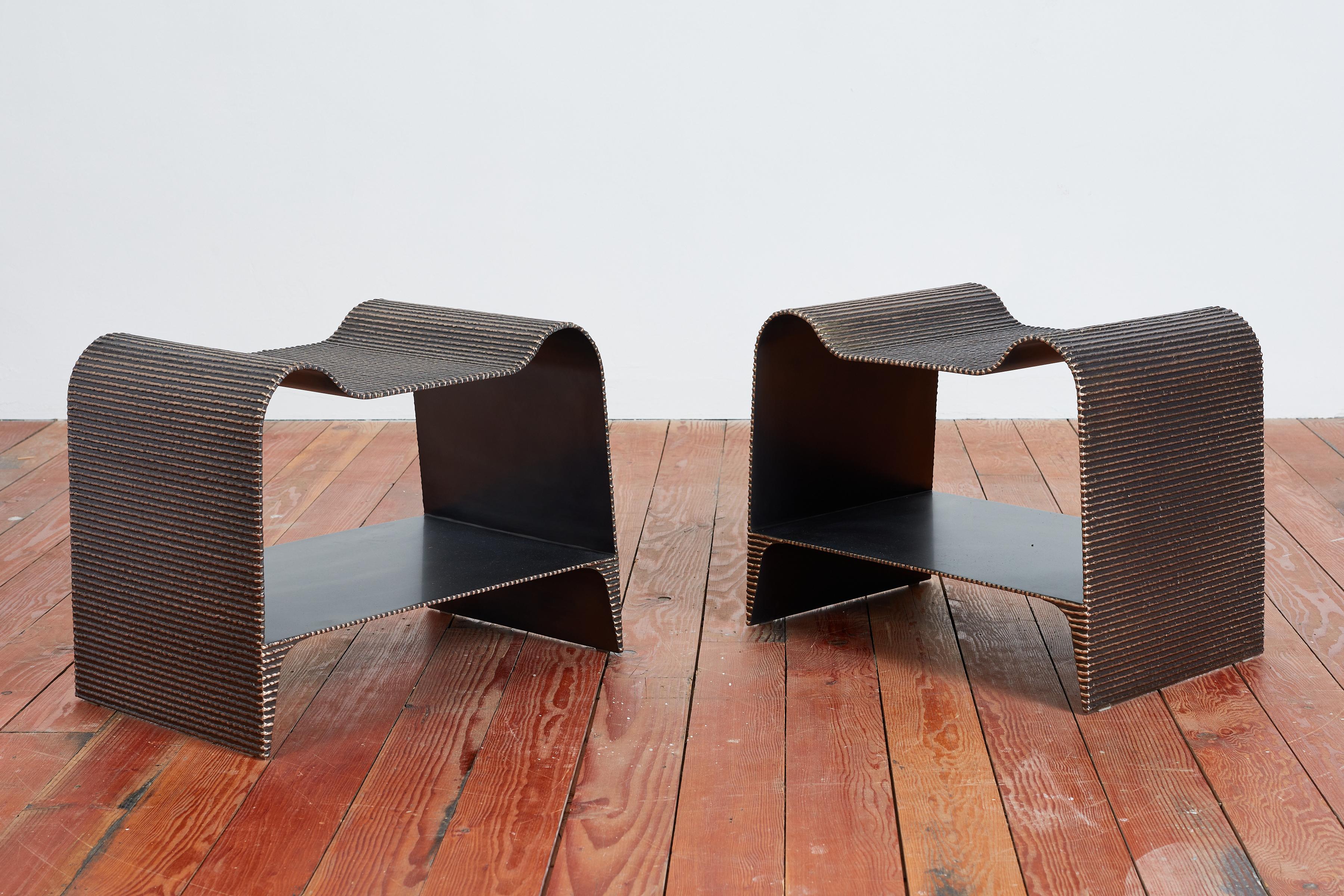 Set Of 2 Molten End Tables by William Emmerson
Dimensions: D 40,7 x W 59, 7x H 48,3 cm.
Materials: Bronze and steel.
 
William Emmerson's brilliantly designed 