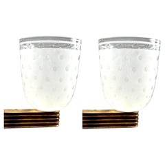 Set of 2 monumental Art Deco wall lights in blown glass and brass, Italy