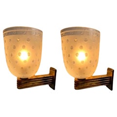 Set of 2 monumental Art Deco wall lights in blown glass and brass, Italy